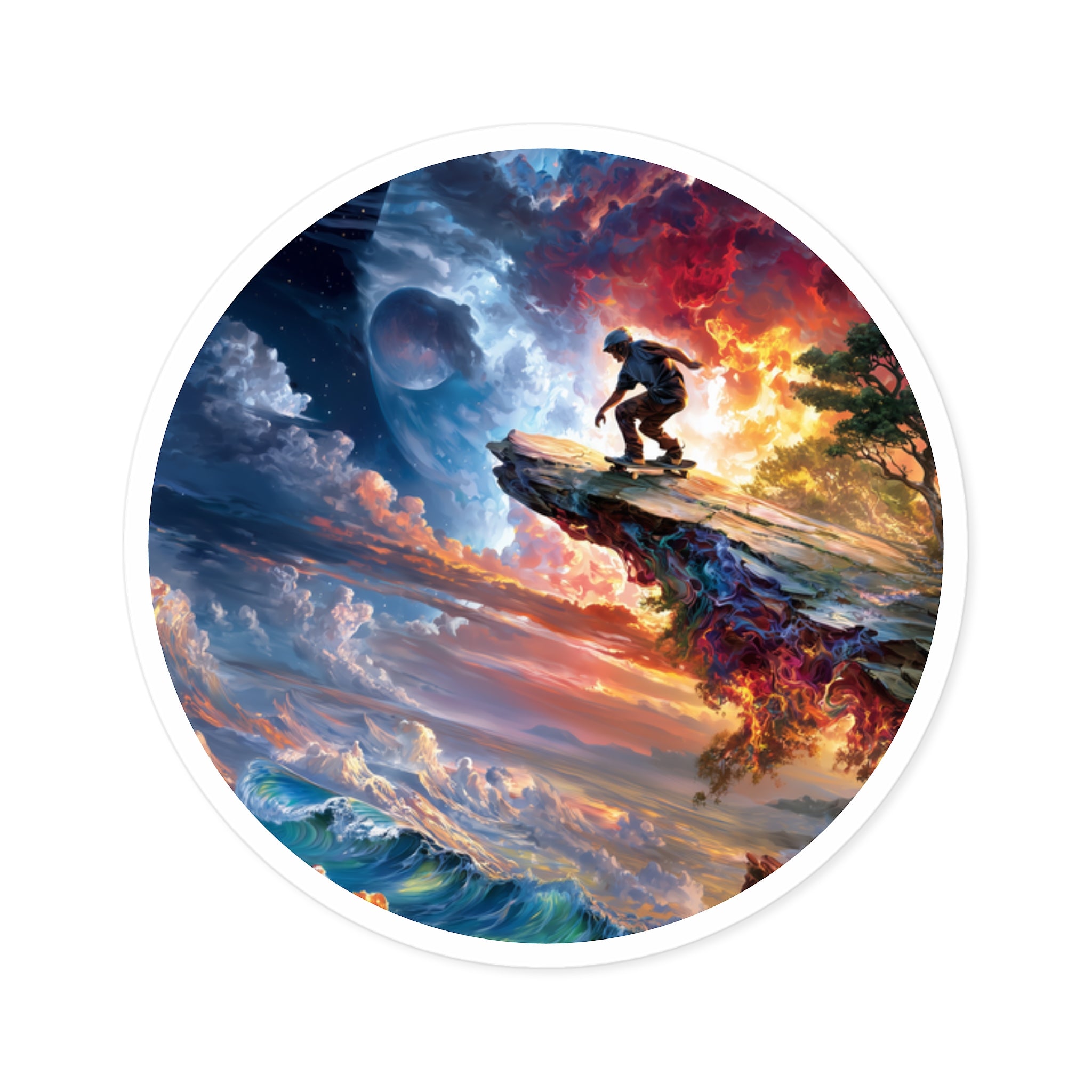 Skateboarder Edge of Earth Sticker, Surreal Art, Cosmic Energy, Adventure Aesthetic