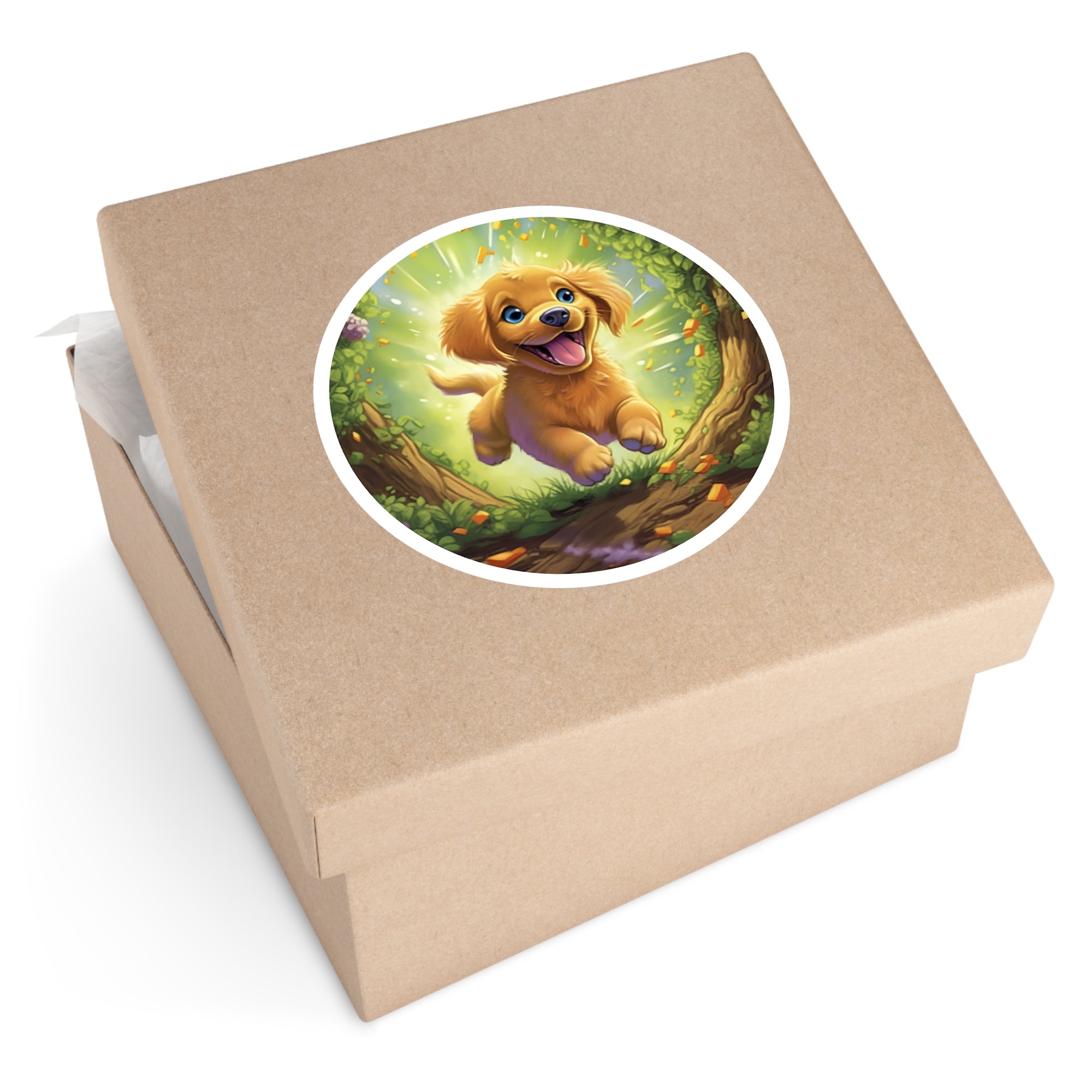 Golden Puppy in Flowers Sticker, Vibrant Joyful Design, Playful Art, Bright Aesthetic