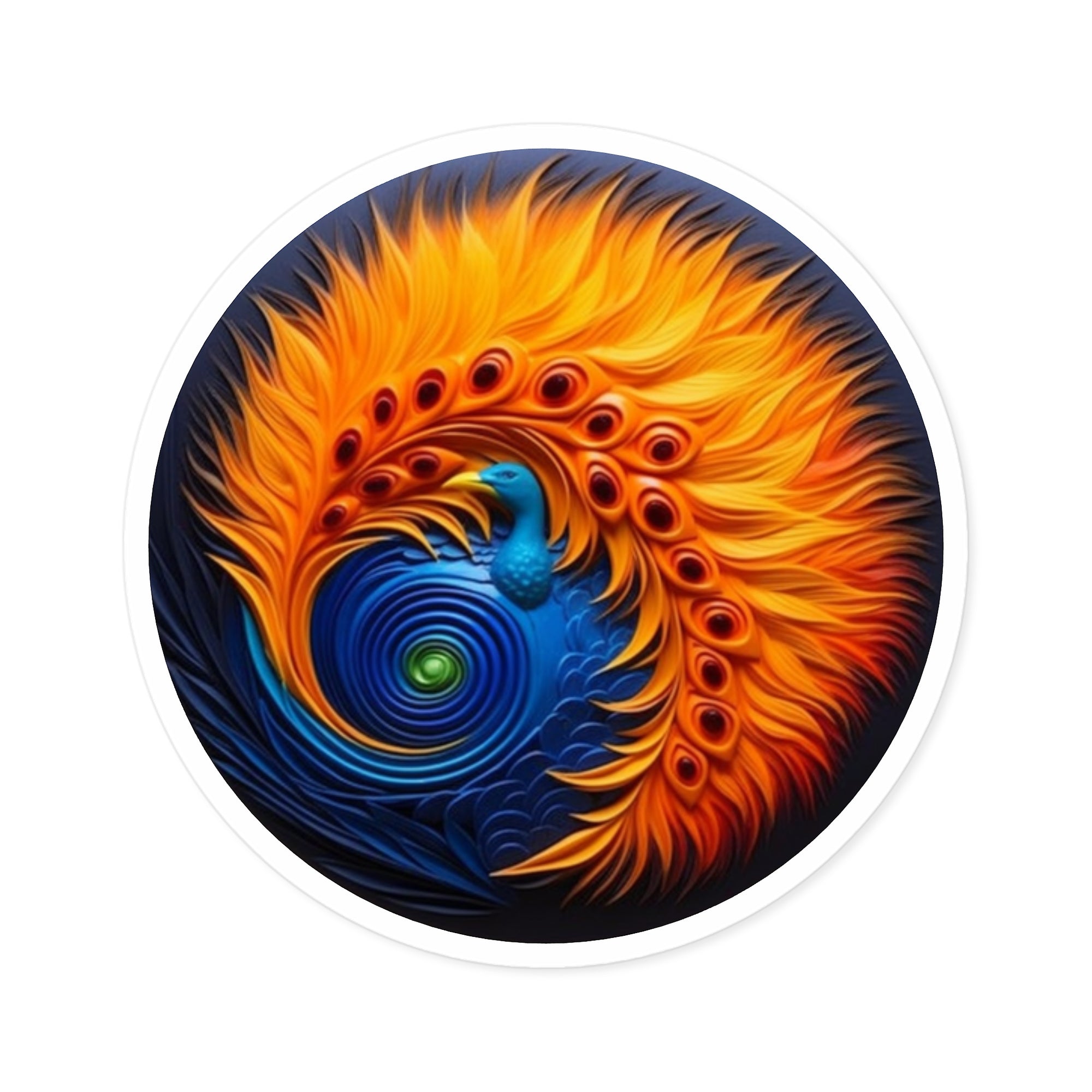 Peacock Spiral Sticker, Abstract Round Art, Vibrant Filigree Design, Decorative Symbol
