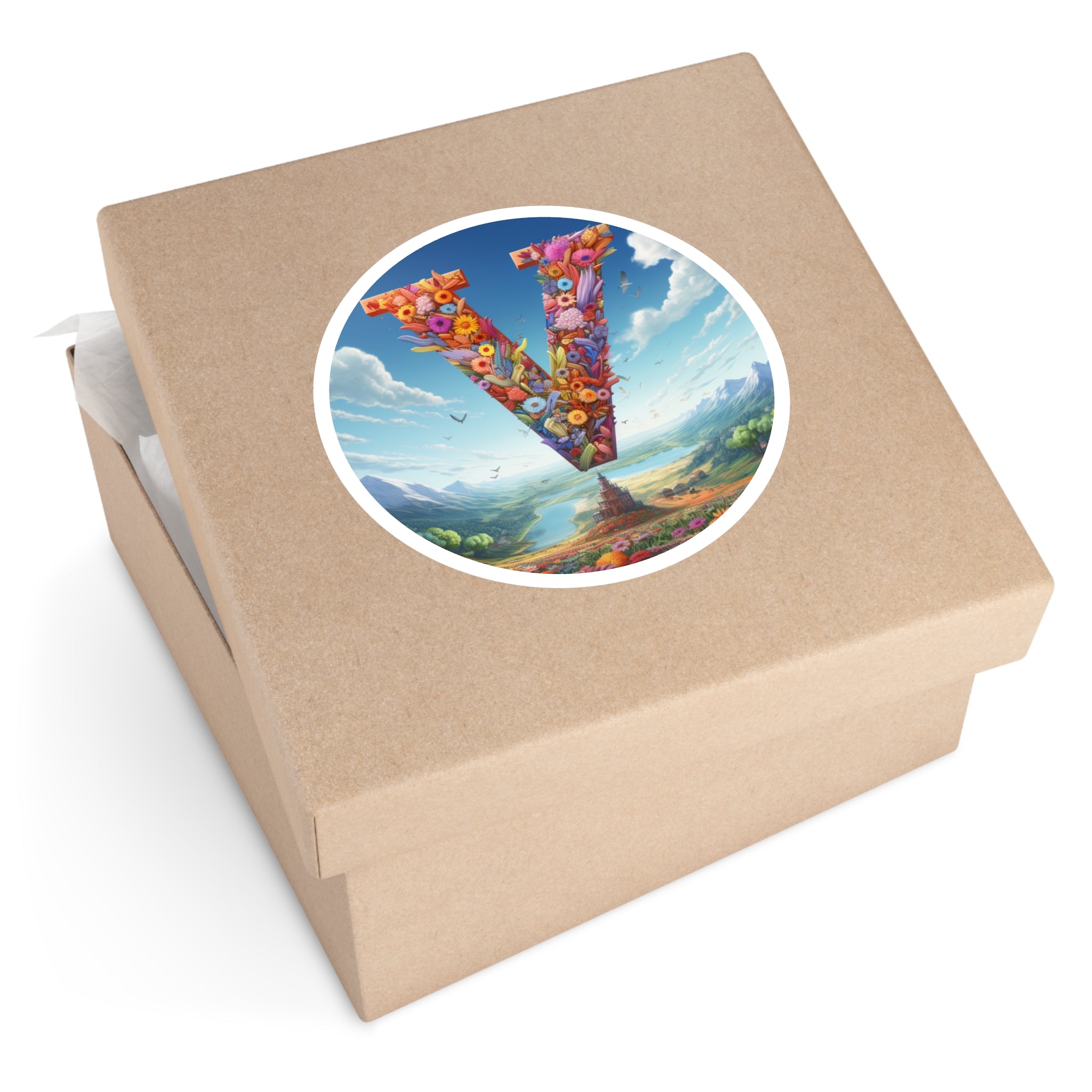 Letter V Sky Design, Floral Fantasy Sticker, Bright Art Gift