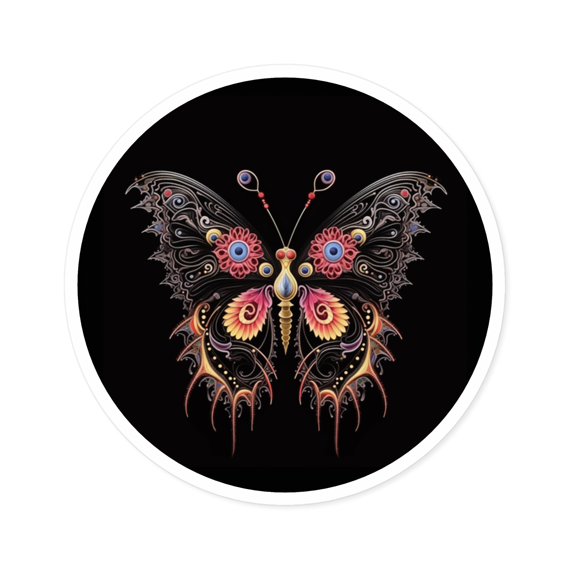 Intricate Butterfly Sticker, Psychedelic Tattoo Art, Abstract Wing Design, Bold Colors
