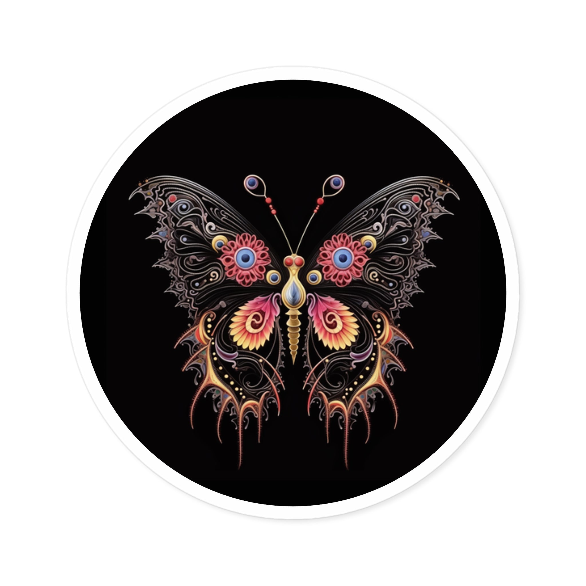 Intricate Butterfly Sticker, Psychedelic Tattoo Art, Abstract Wing Design, Bold Colors