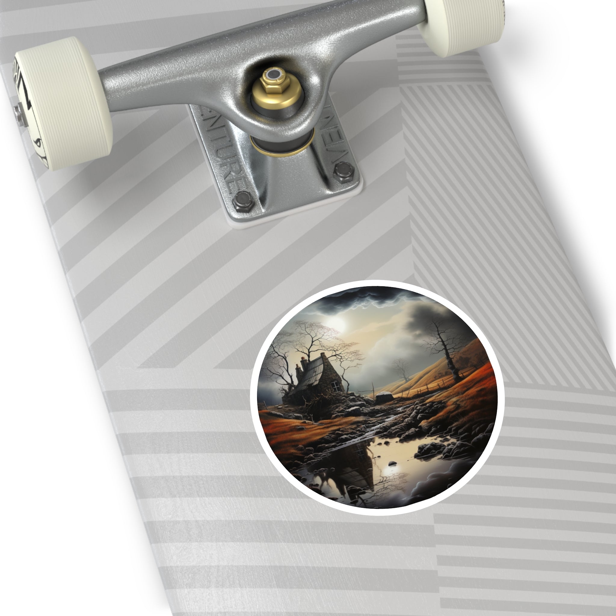 Haunted Cottage Sticker, Spooky Landscape Art, Gothic Nature Design, Atmospheric Scene