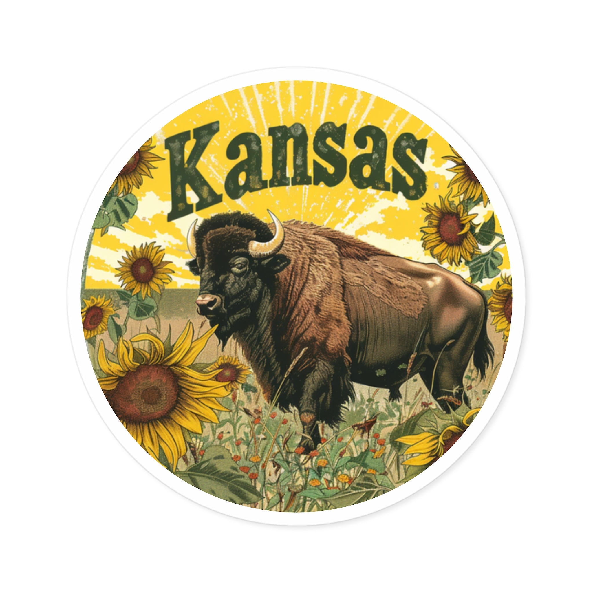Kansas Buffalo Sticker, Sunflower Landscape Art, State Pride Design, Nature Gift