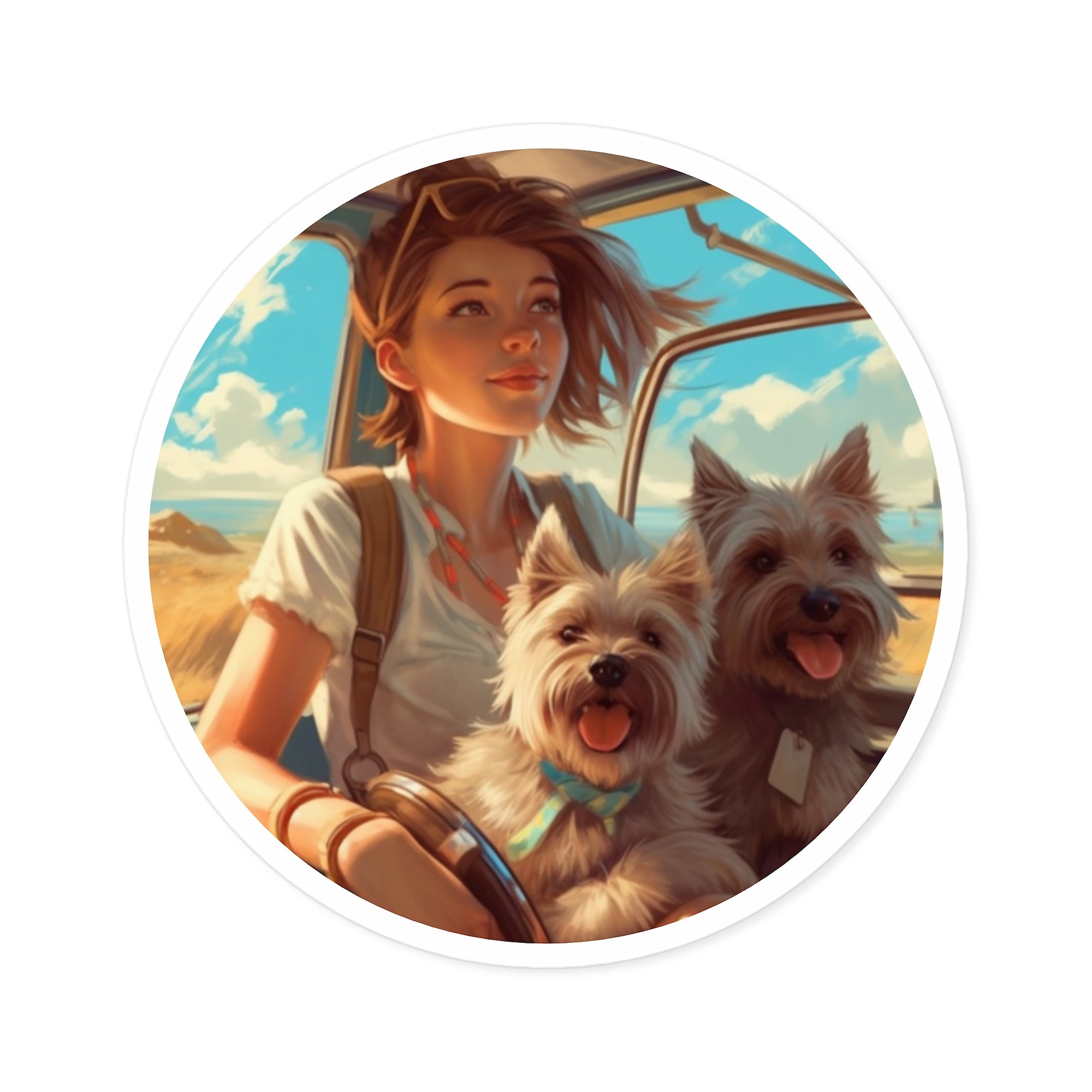Girl and Terrier Adventure Sticker, Road Trip Vibes, Summer Energy, Pet Lover Gift