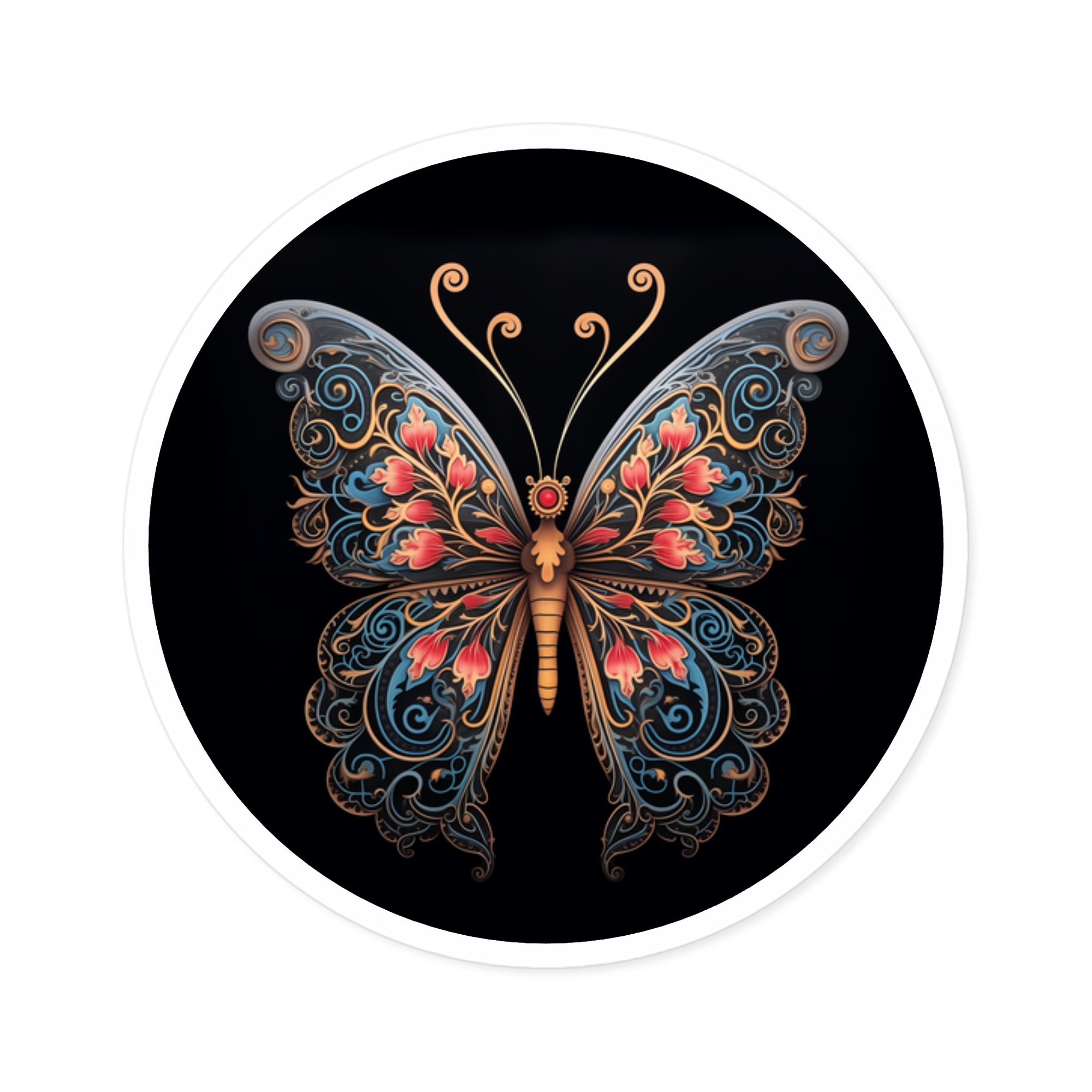 Ornate Floral Butterfly Sticker, Elegant Tattoo Design, Colorful Art, Intricate Pattern