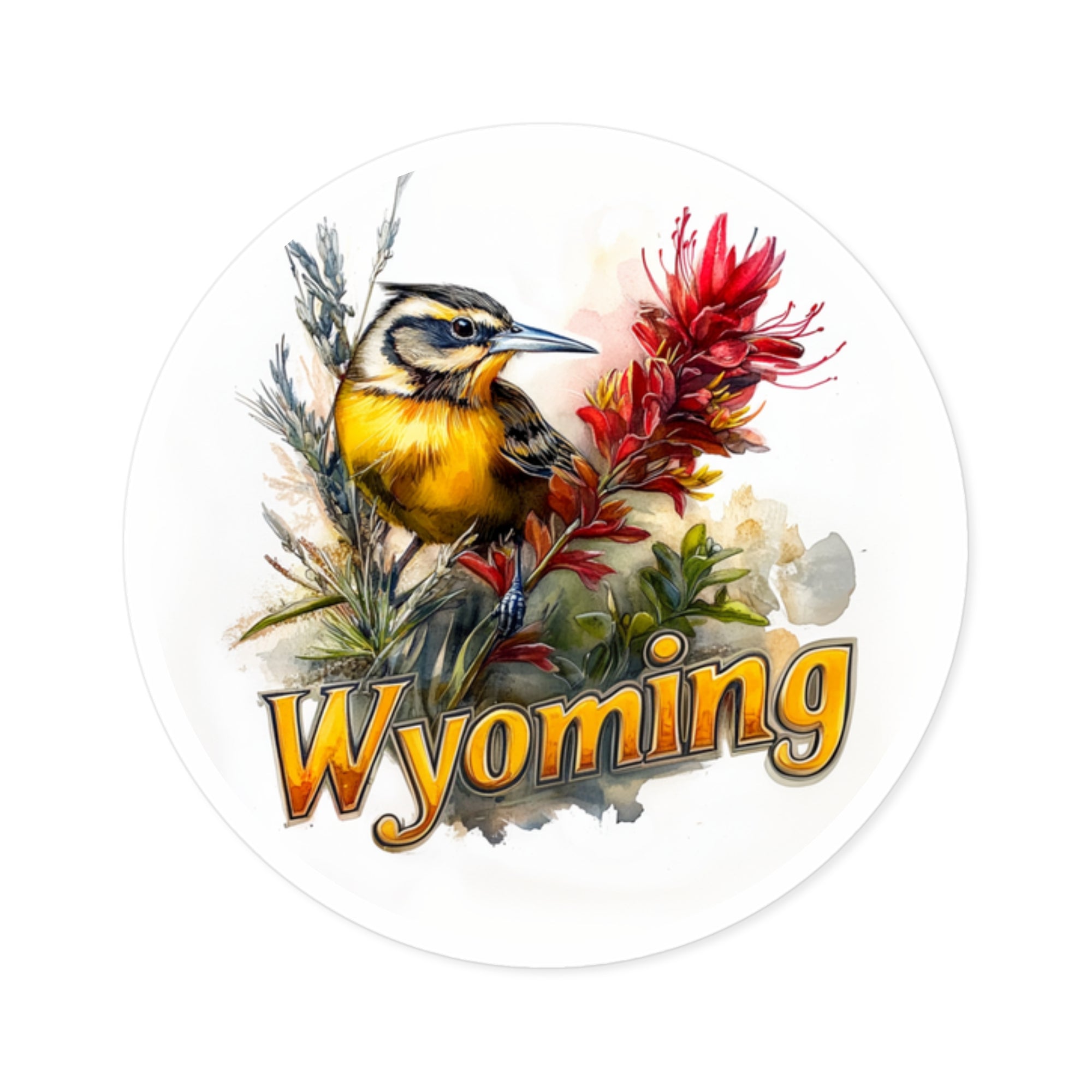 Wyoming Meadowlark Sticker, Indian Paintbrush Design, State Bird Art, Rustic Nature