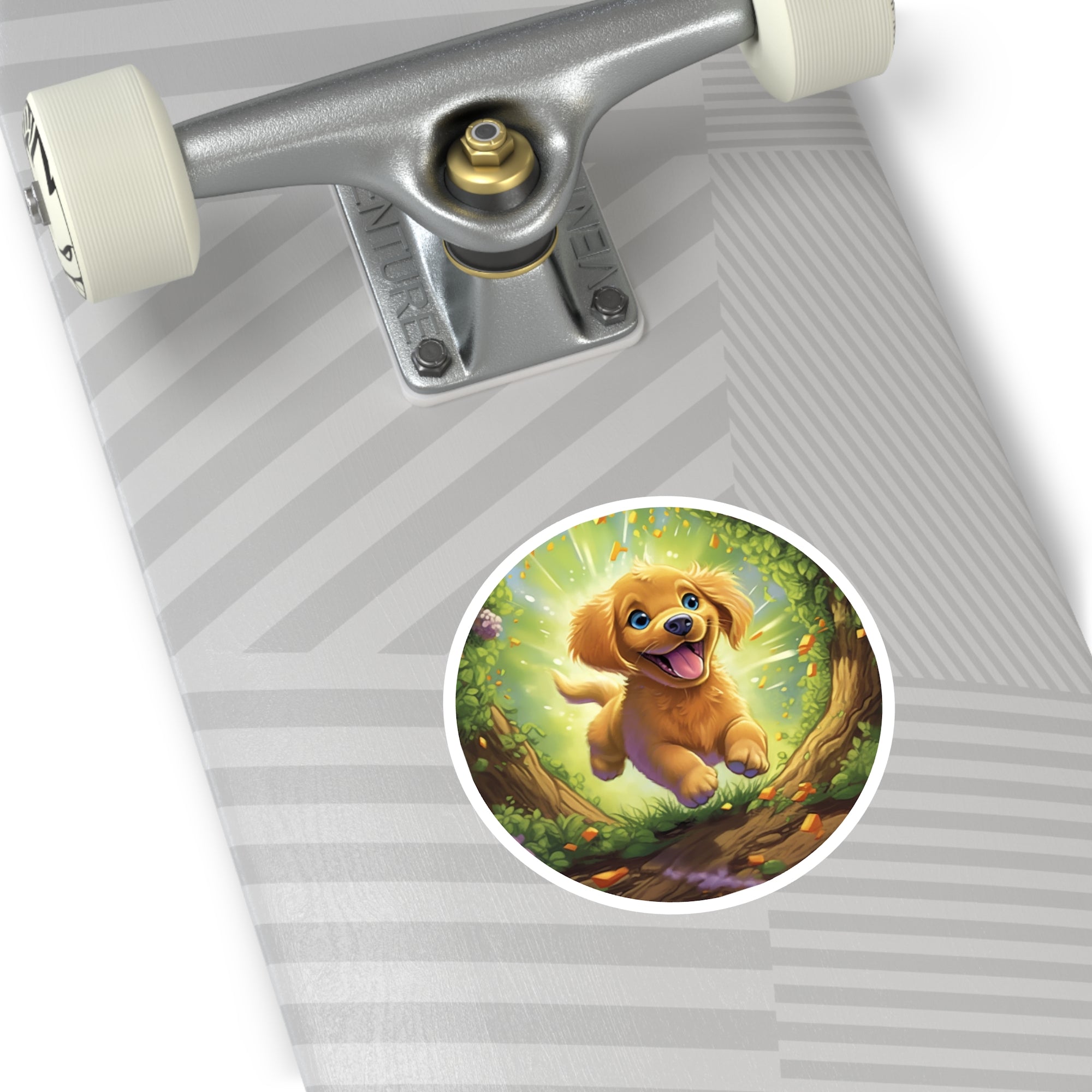 Golden Puppy in Flowers Sticker, Vibrant Joyful Design, Playful Art, Bright Aesthetic