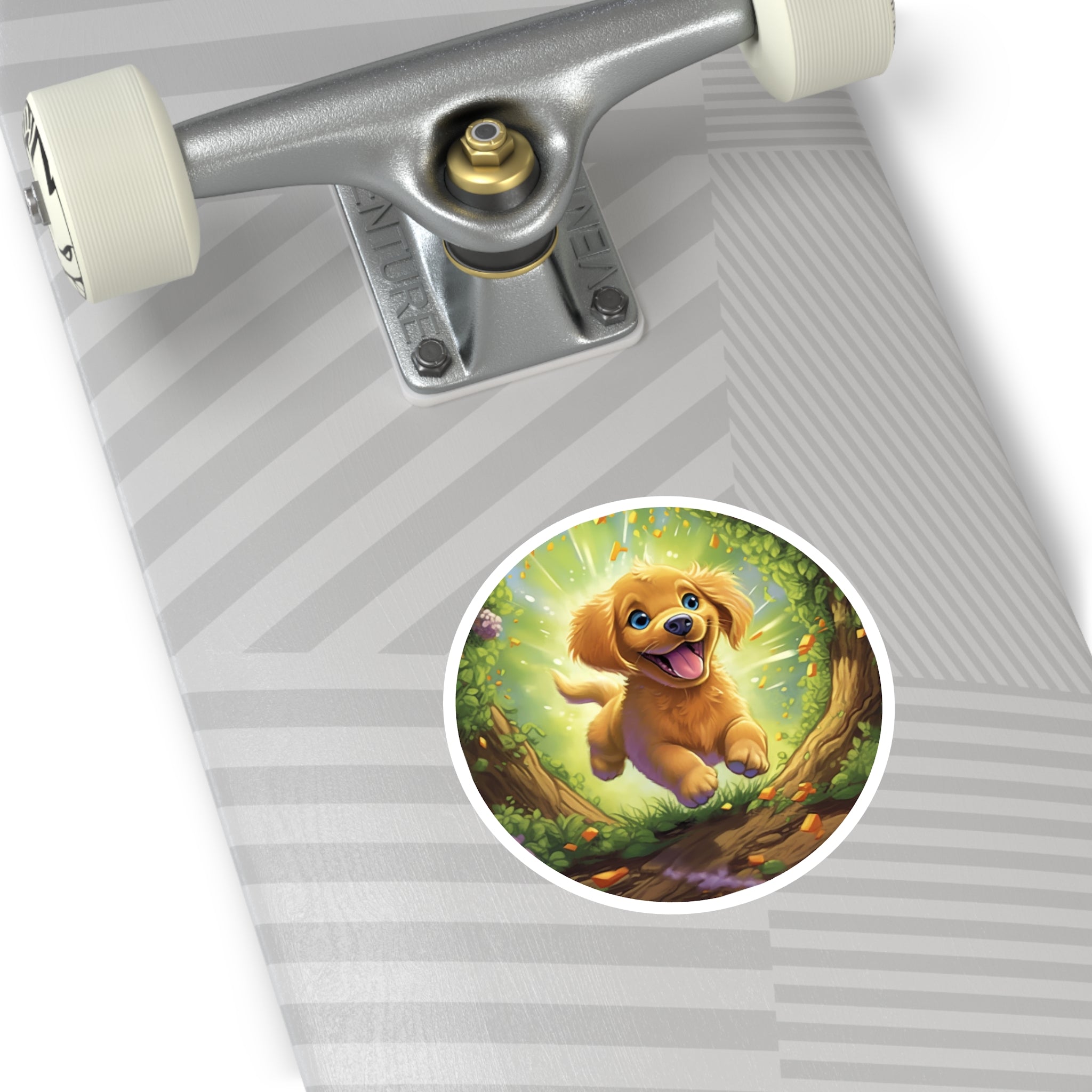 Golden Puppy in Flowers Sticker, Vibrant Joyful Design, Playful Art, Bright Aesthetic