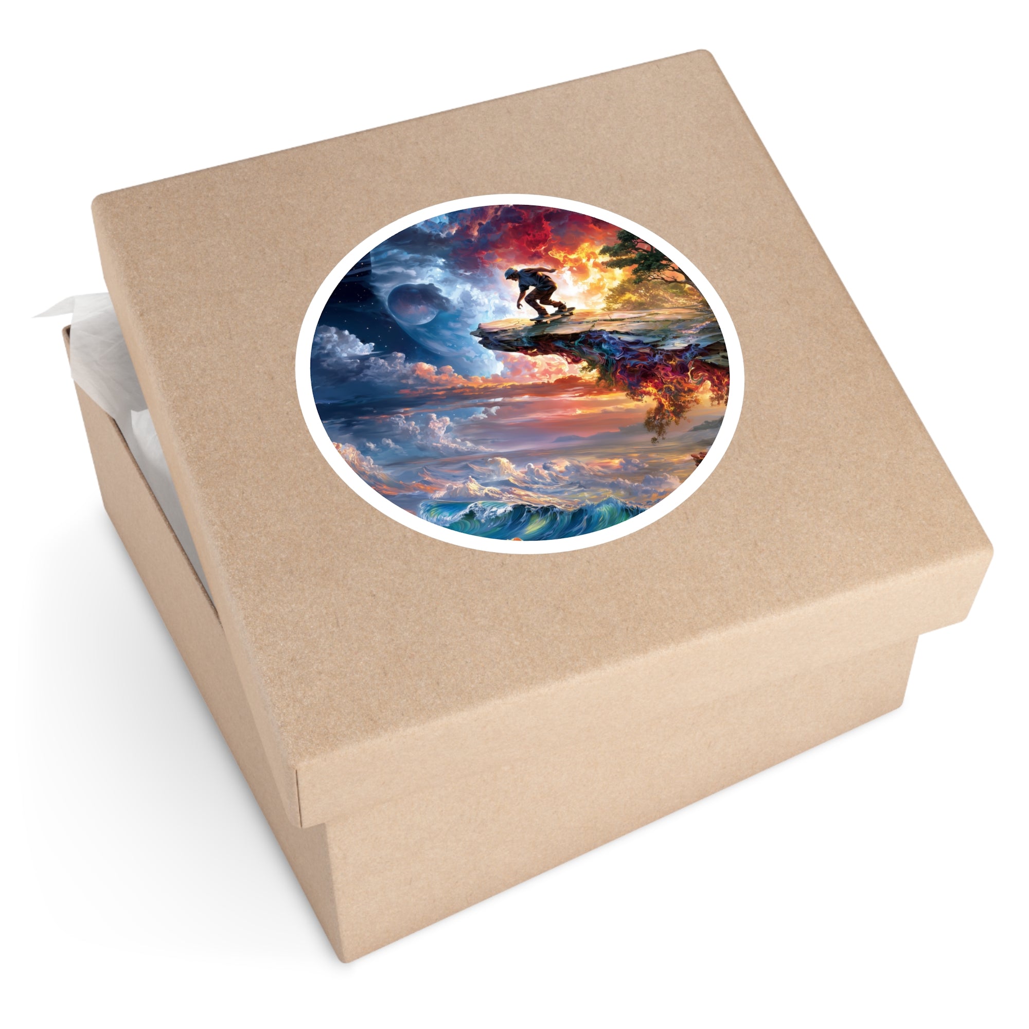 Skateboarder Edge of Earth Sticker, Surreal Art, Cosmic Energy, Adventure Aesthetic