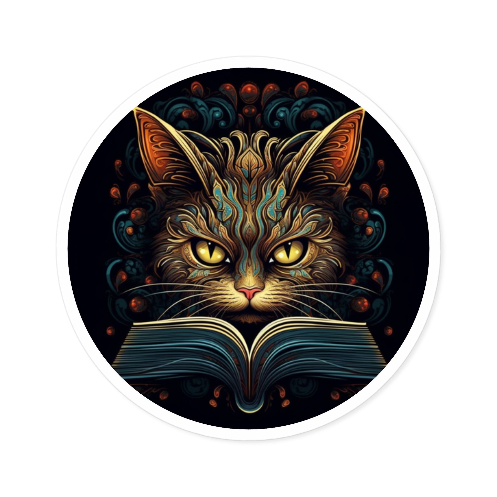 Cat Reading Book, Cute Animal Sticker, Whimsical Art Design, Cozy Gift