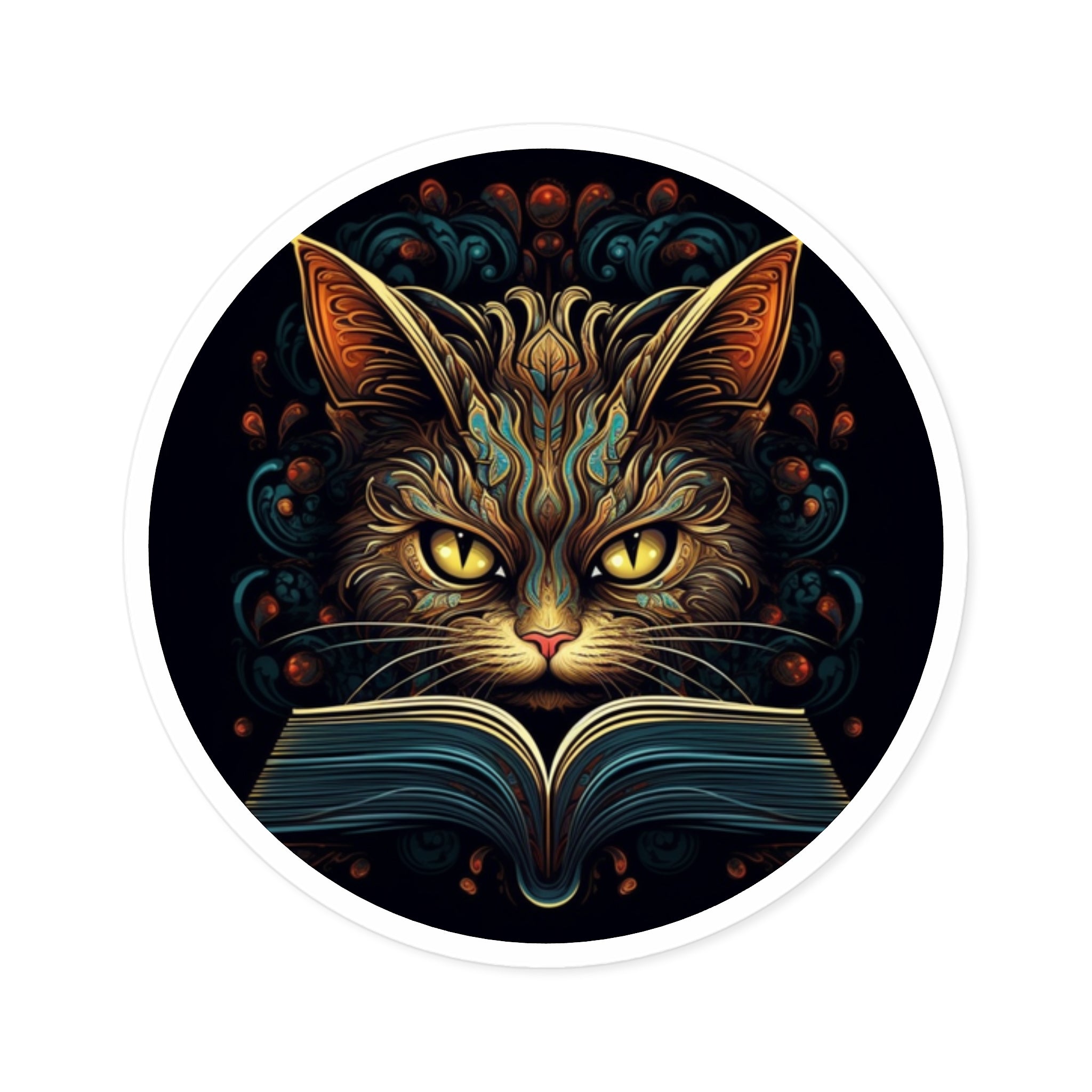 Cat Reading Book, Cute Animal Sticker, Whimsical Art Design, Cozy Gift