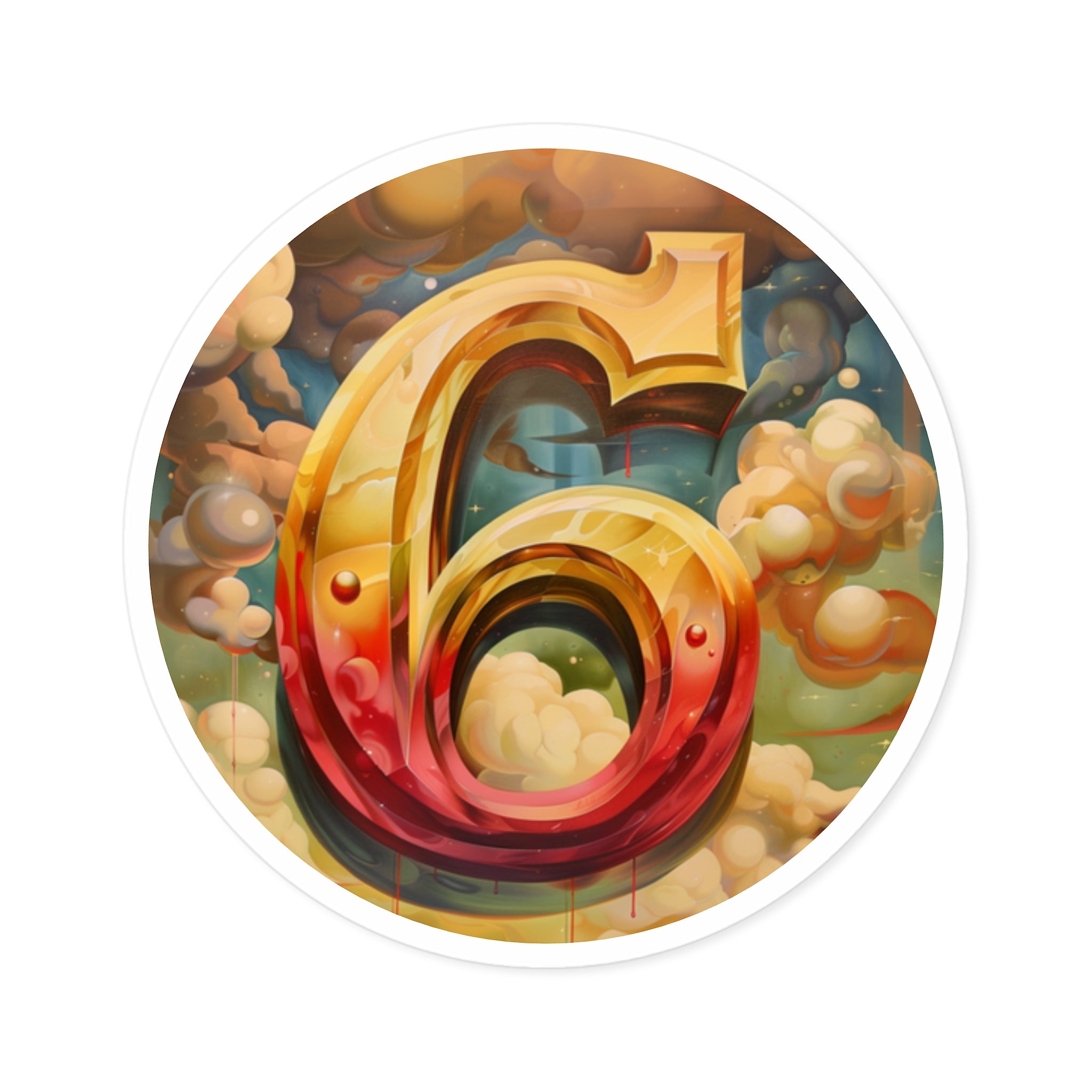 Golden Number Six Sticker, Cloudscape Art, Whimsical Design, Dreamy Aesthetic