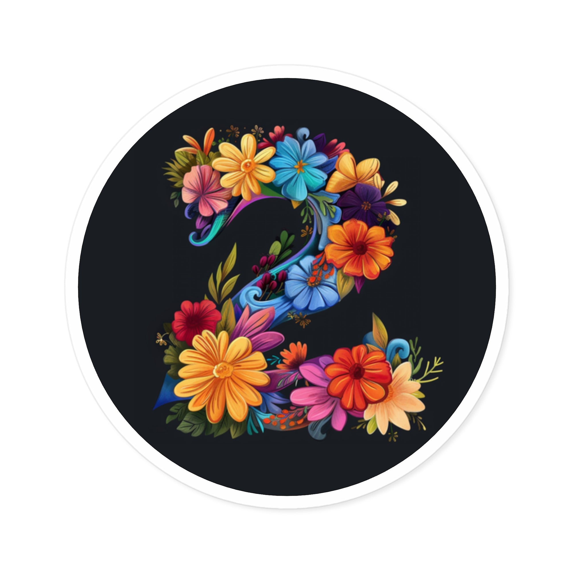 Number Two Sticker, Floral Cartoon Art, Colorful Decorative Design, Whimsical Style