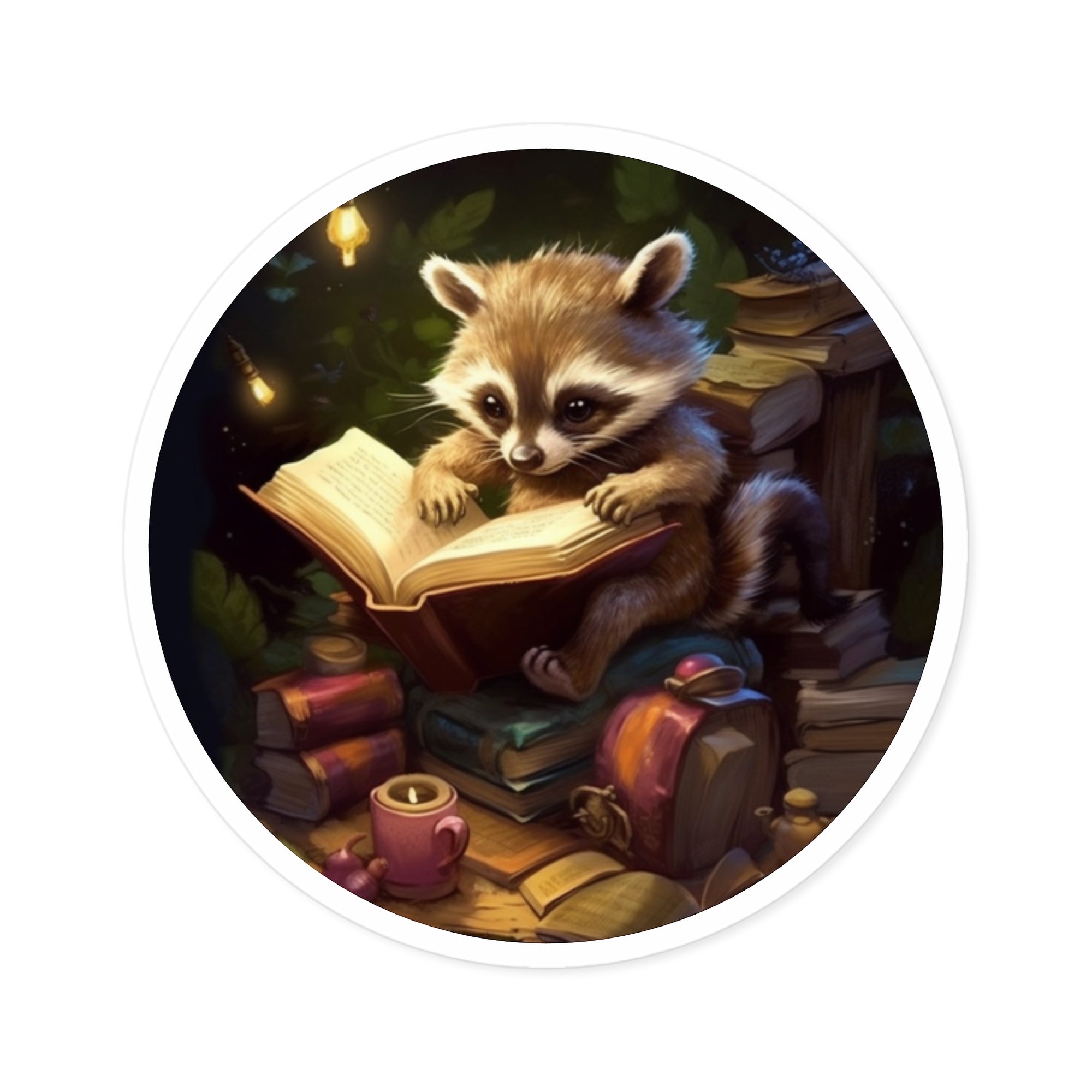 Bookish Raccoon, Cozy Forest Sticker, Reading Art, Whimsical Design