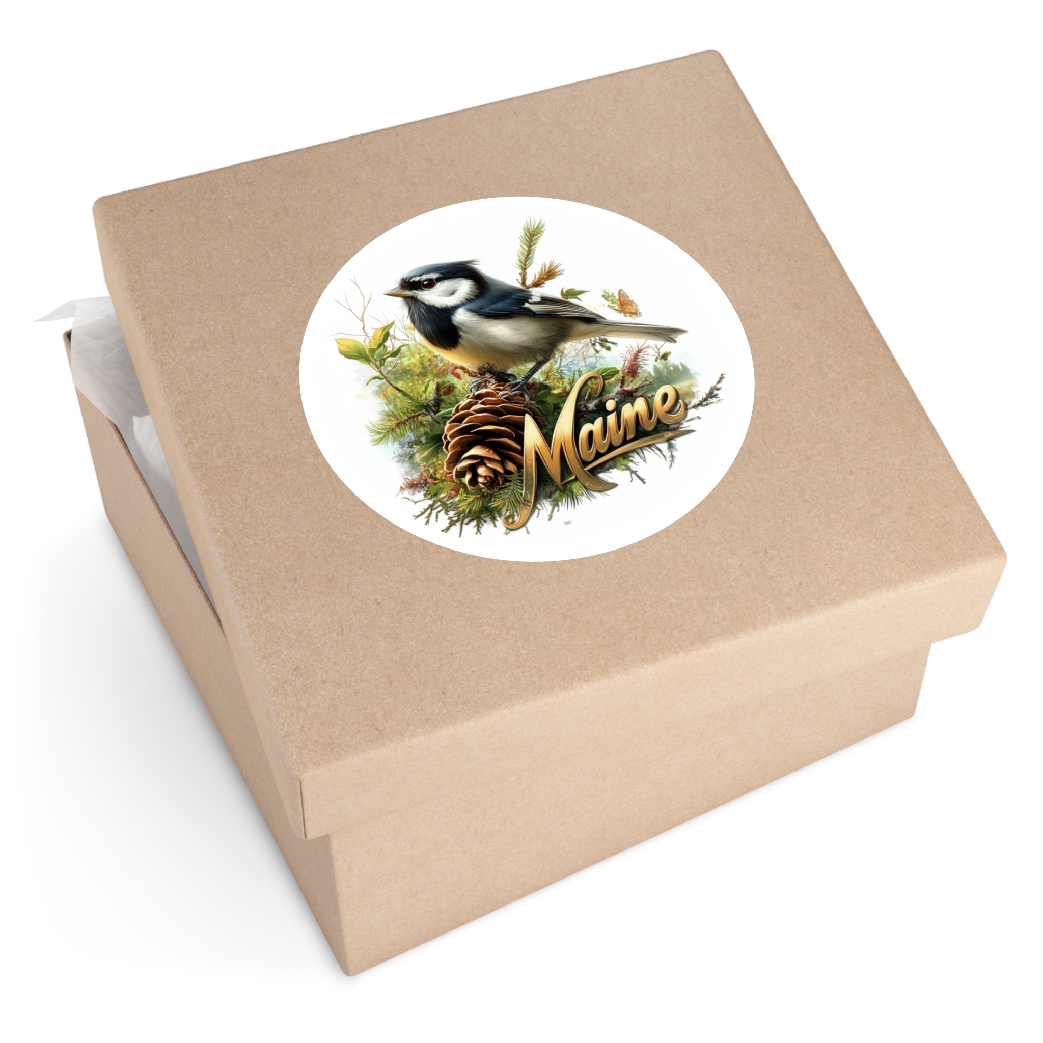 Maine Chickadee, Pine Cone Sticker, State Bird Art, Forest Nature Design
