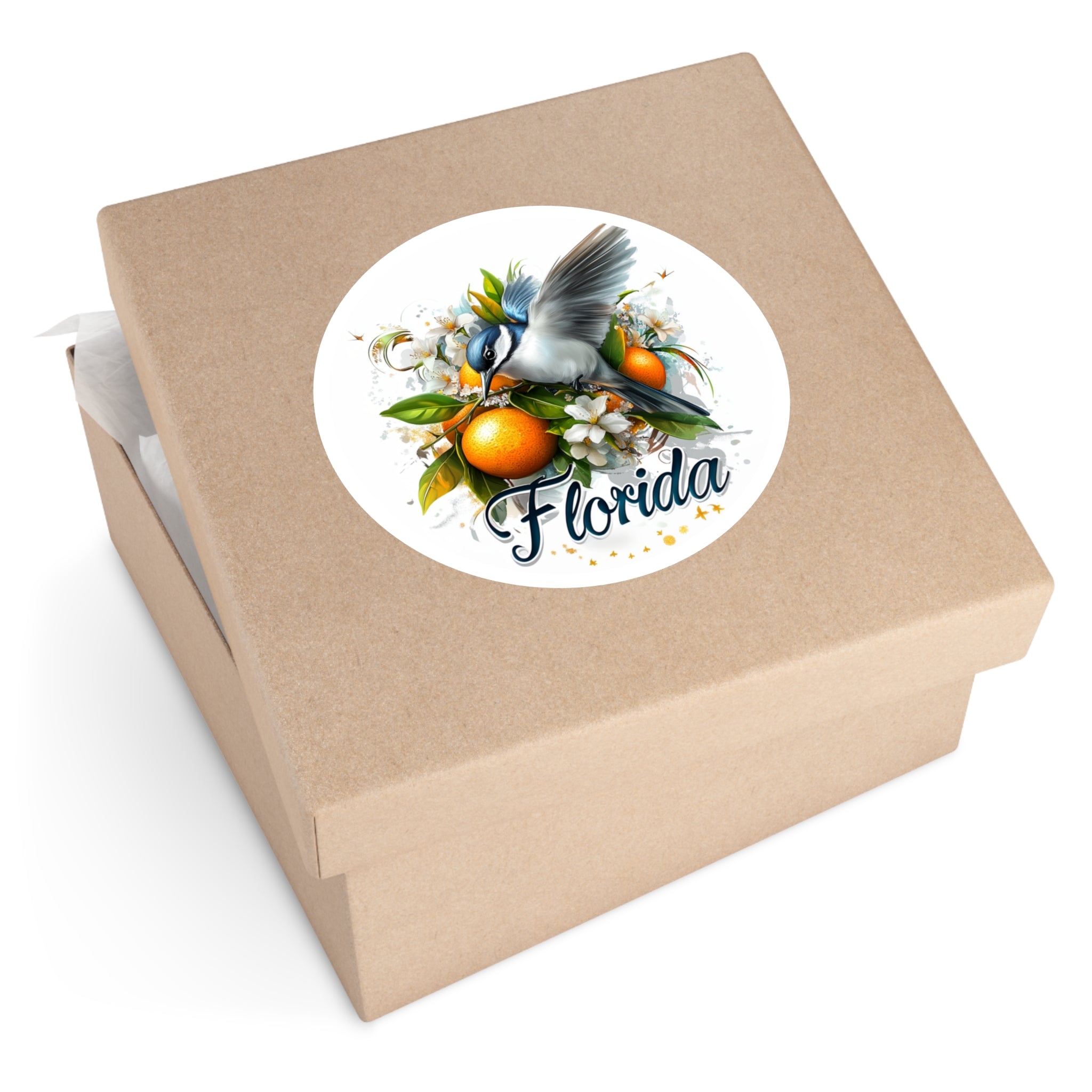 Florida Mockingbird Sticker, State Bird and Flower Art, Orange Blossom Design, Tropical Scene