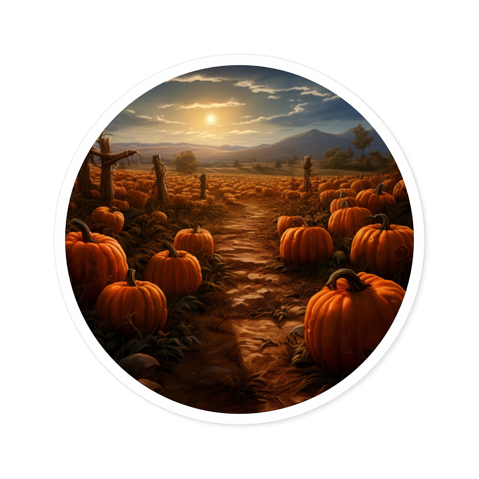 Pumpkin Field at Sunset Sticker, Autumn Landscape, Nature Lovers, Fall Season