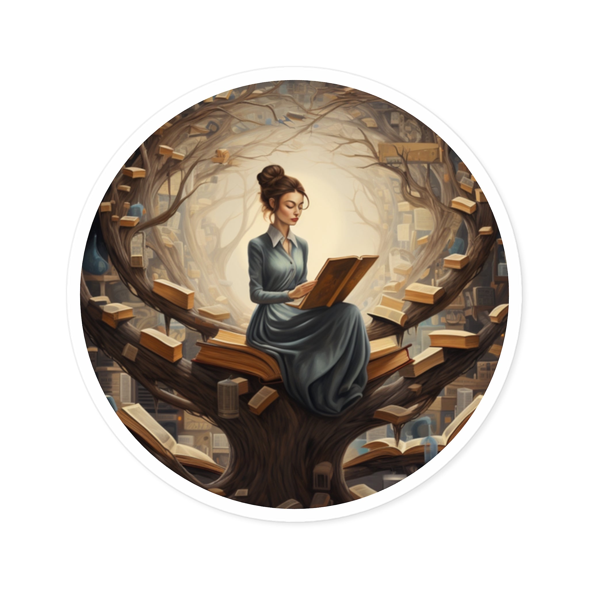 Reading Tree, Surreal Book Sticker, Dreamy Library, Calm Focus