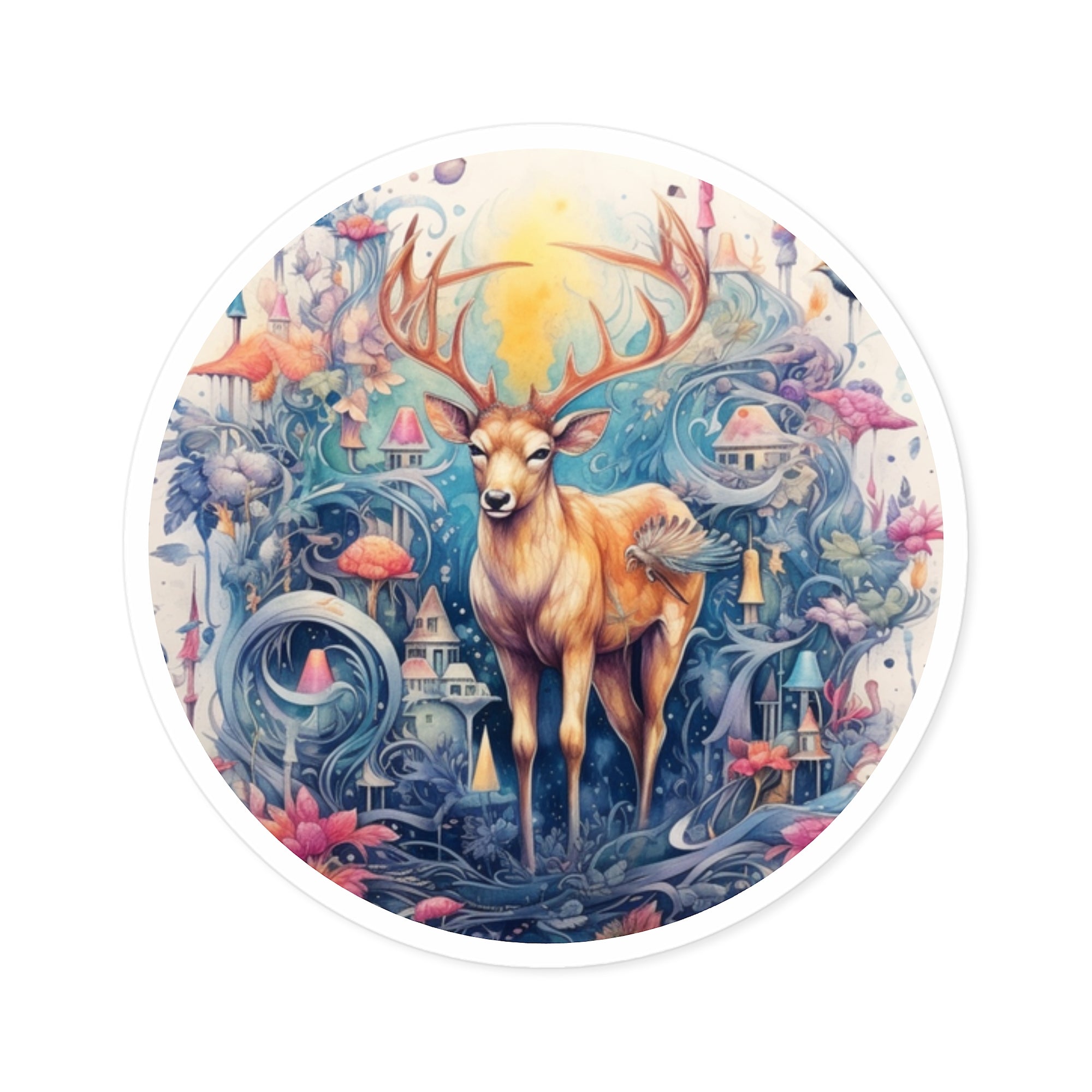 Whimsical Deer Fantasy Sticker, Enchanted Forest Design, Magical Art, Dream Scene