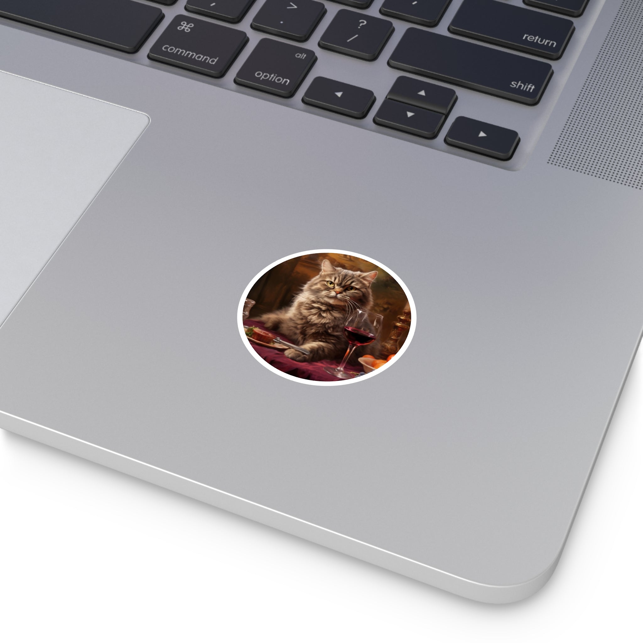 Cat with Wine Sticker, Fancy Dinner Art, Whimsical Design, Elegant Humor