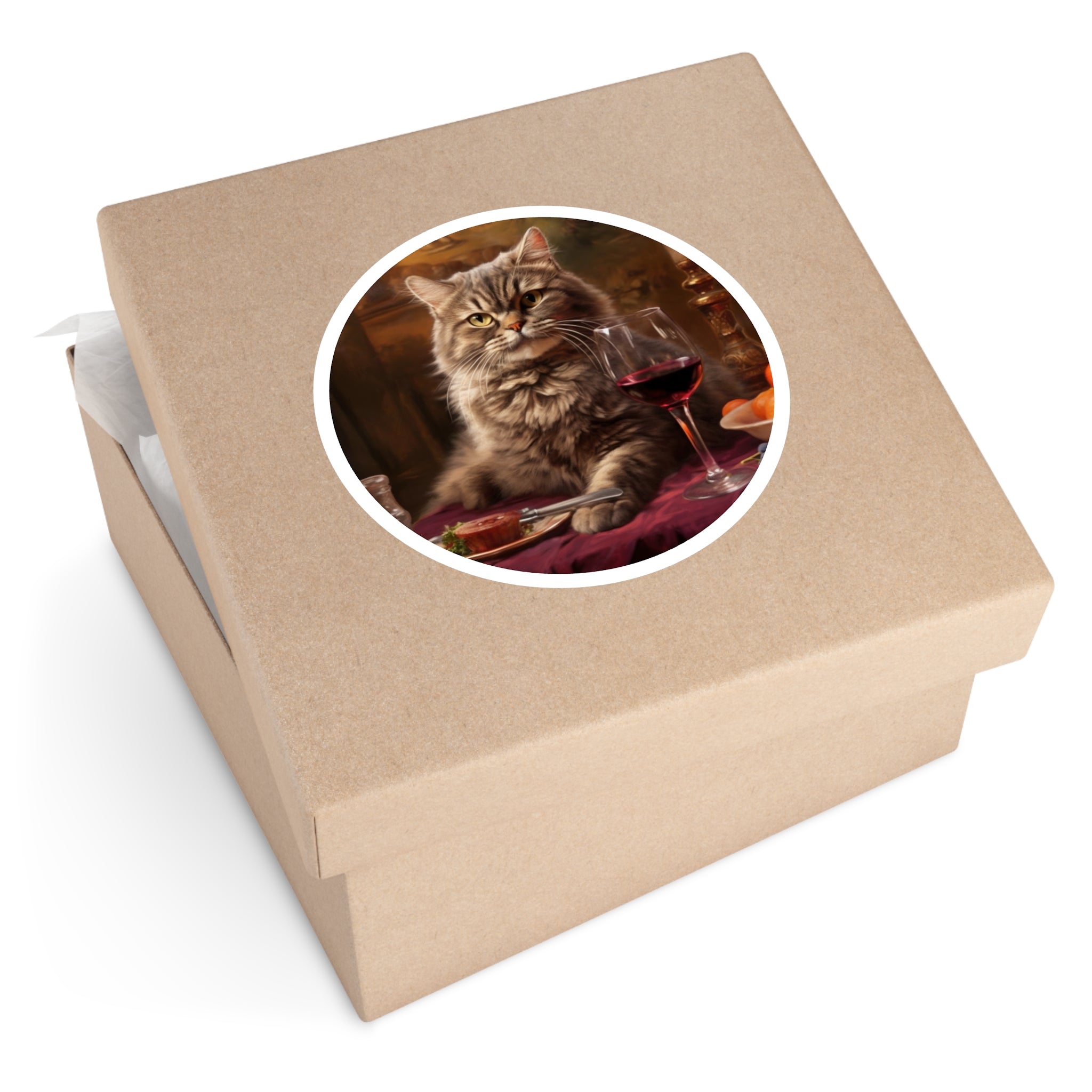 Cat with Wine Sticker, Fancy Dinner Art, Whimsical Design, Elegant Humor