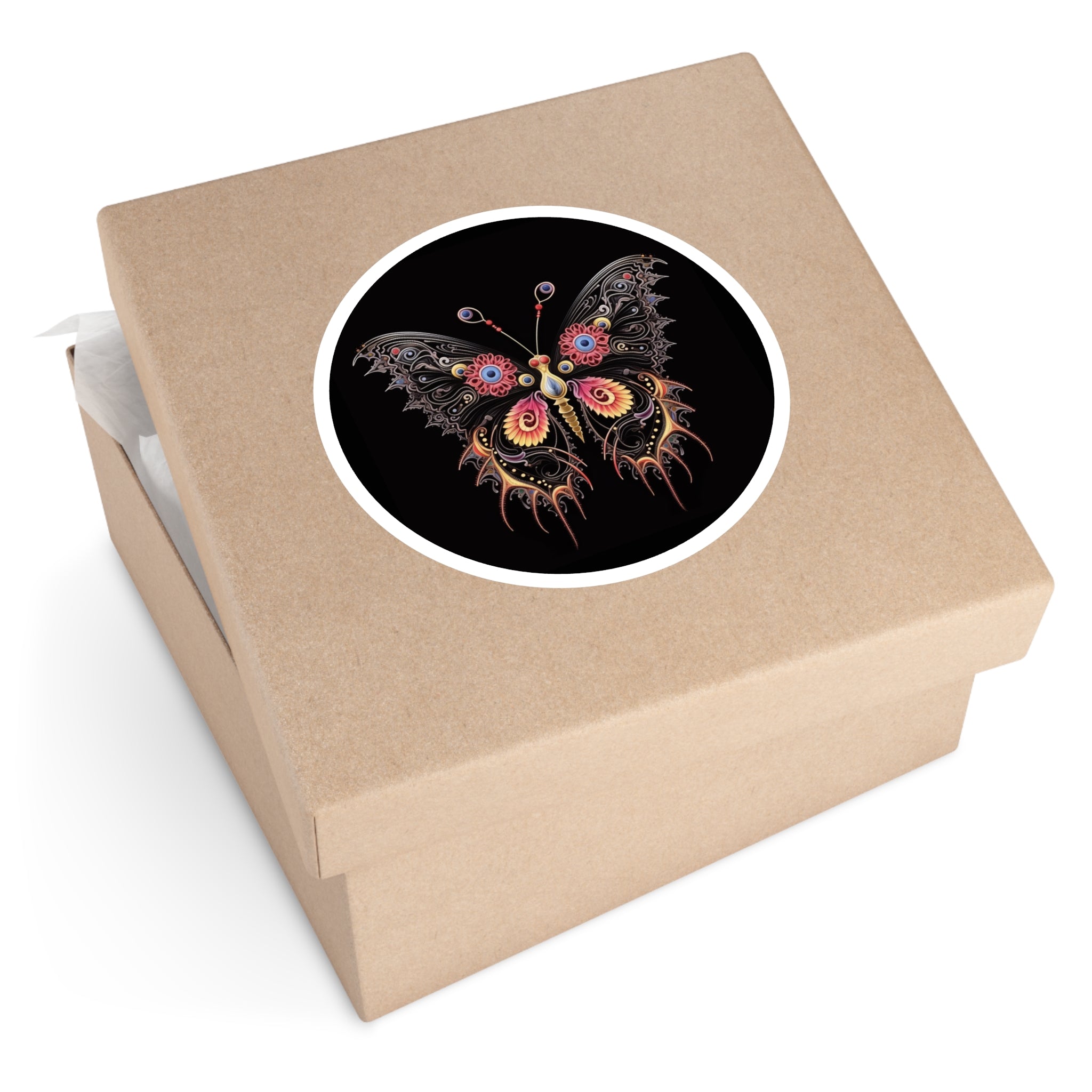 Intricate Butterfly Sticker, Psychedelic Tattoo Art, Abstract Wing Design, Bold Colors