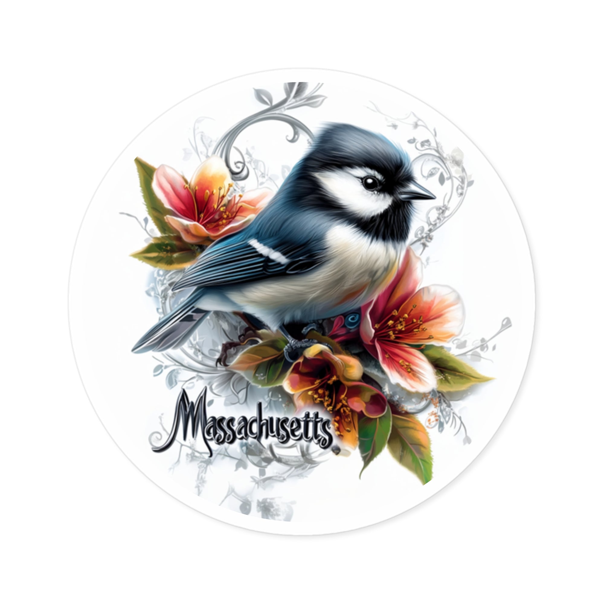 Massachusetts Chickadee, Trailing Arbutus Flower Sticker, State Bird Art, Soft Nature Design