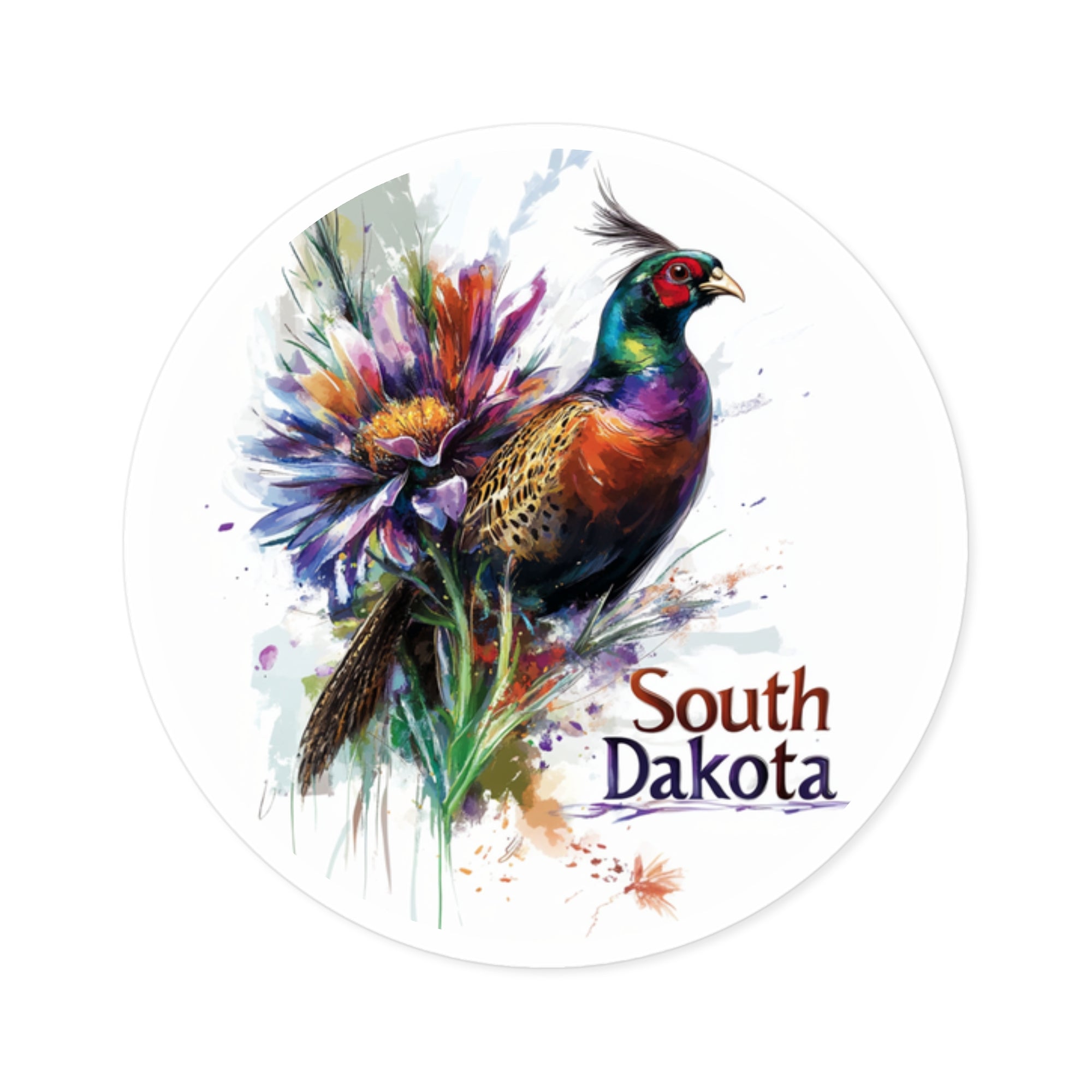 South Dakota Pheasant Sticker, State Bird and Flower Design, Colorful Nature Art