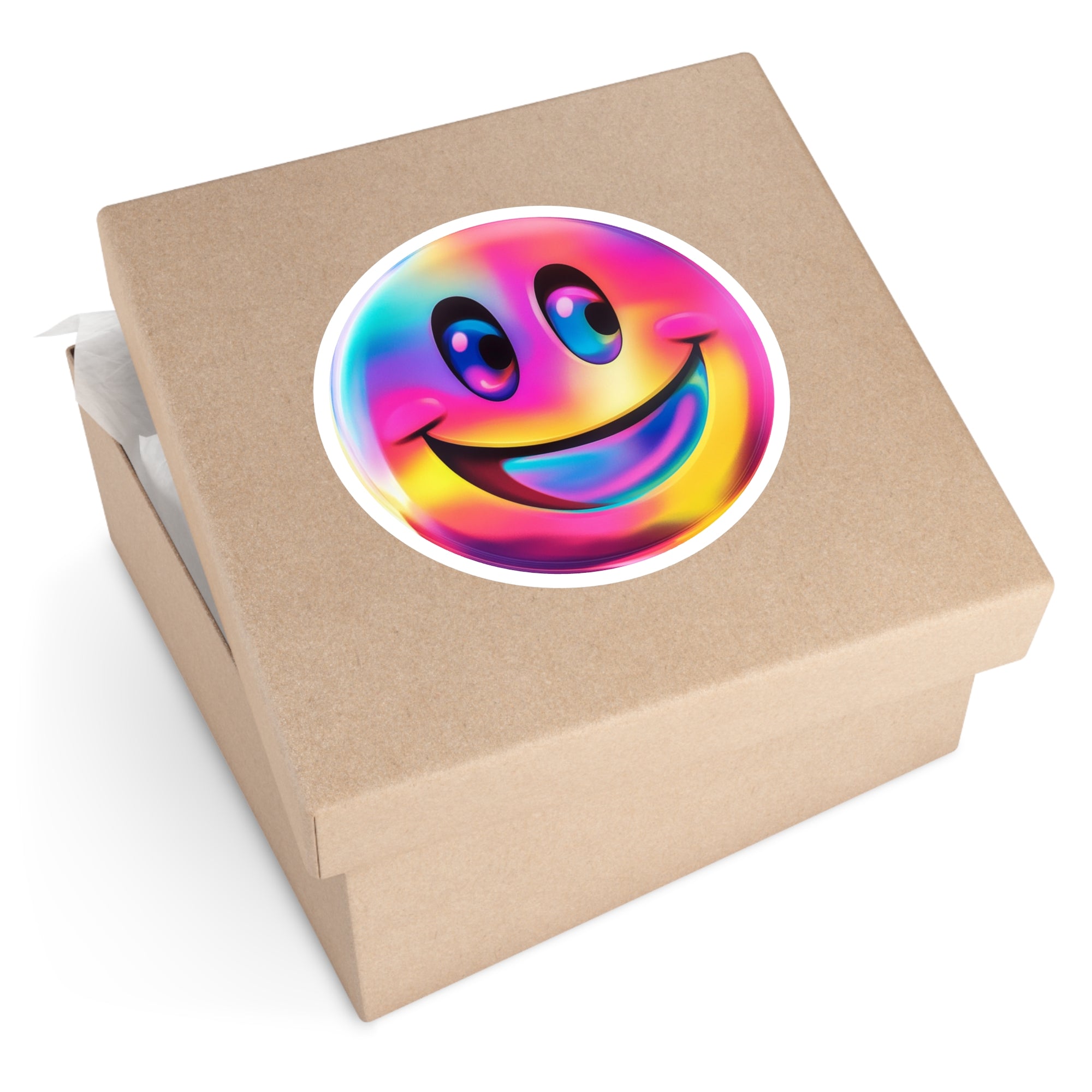 Smiley face sticker, colorful emoji art, cheerful theme, fun design