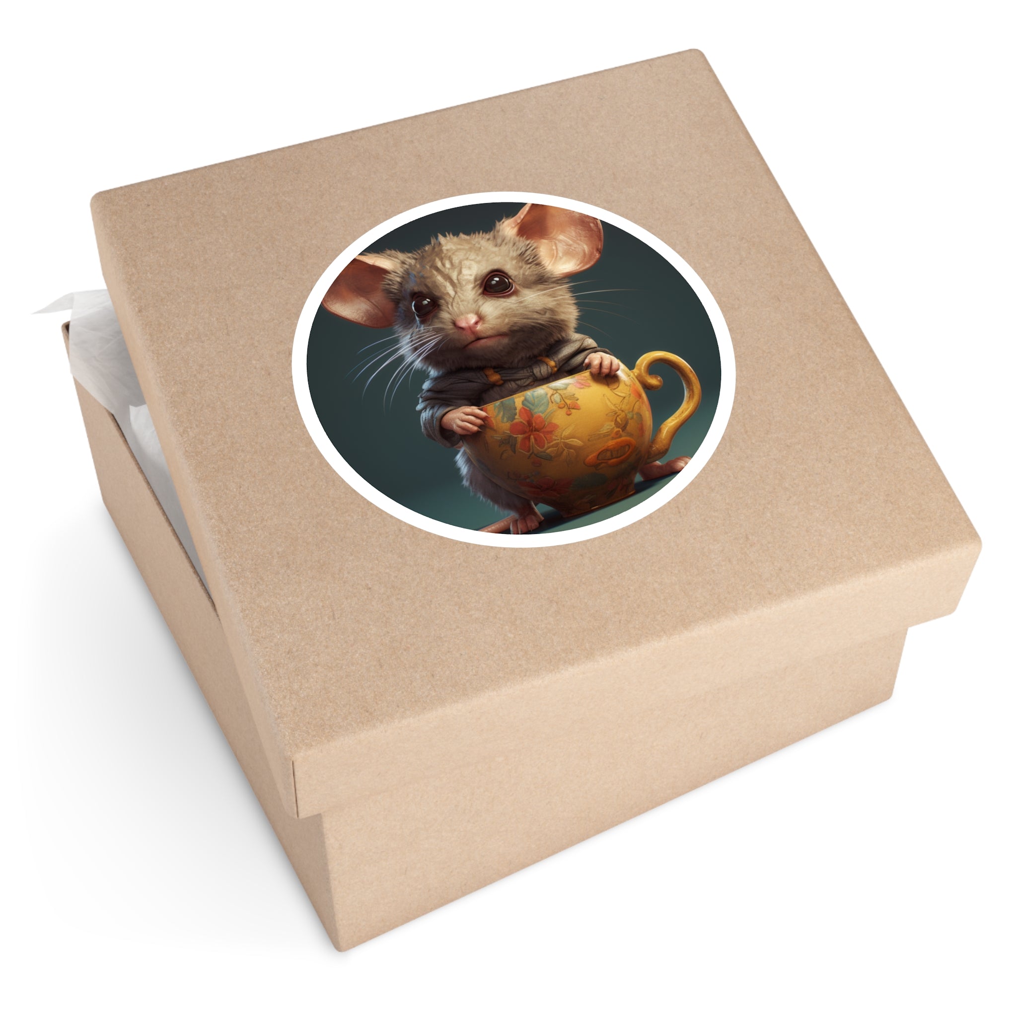 Mouse in Teacup, Whimsical Sticker, Cute Animal Art, Cozy Design