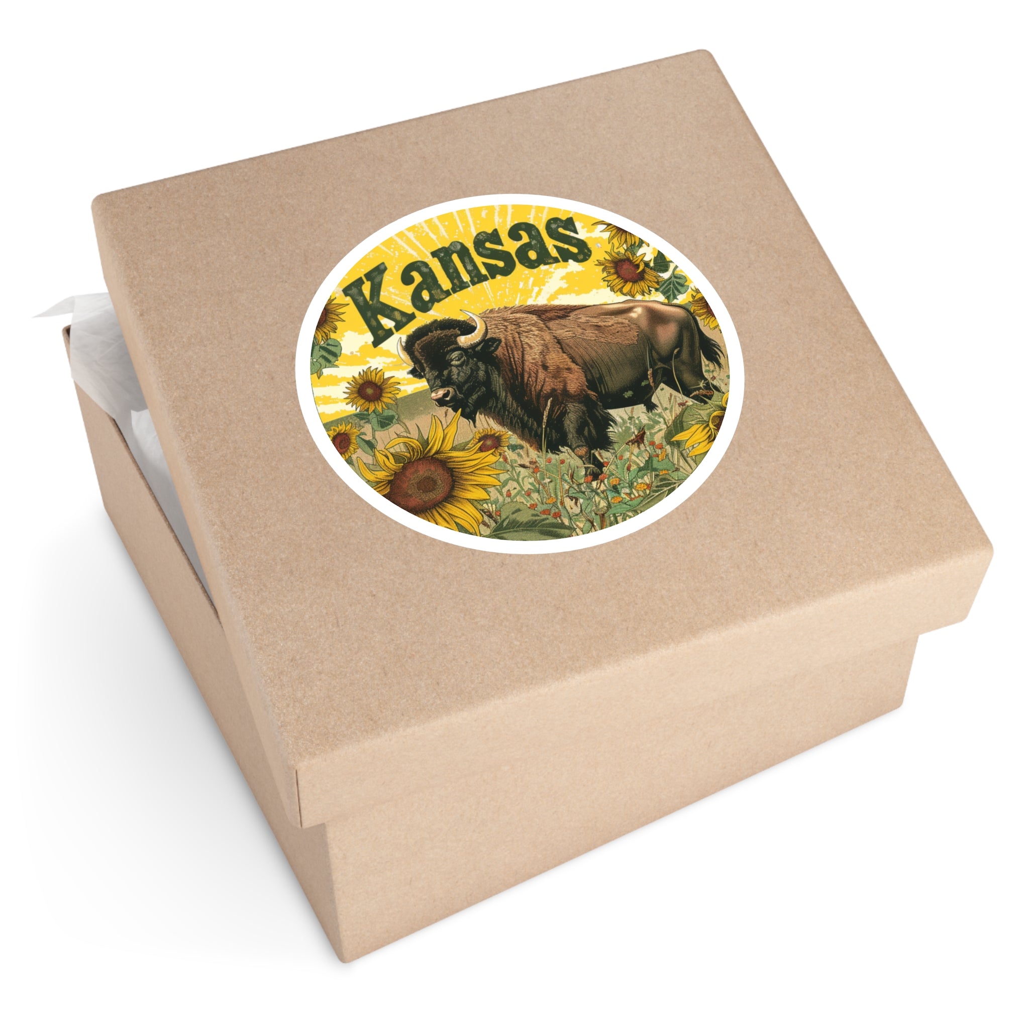 Kansas Buffalo Sticker, Sunflower Landscape Art, State Pride Design, Nature Gift