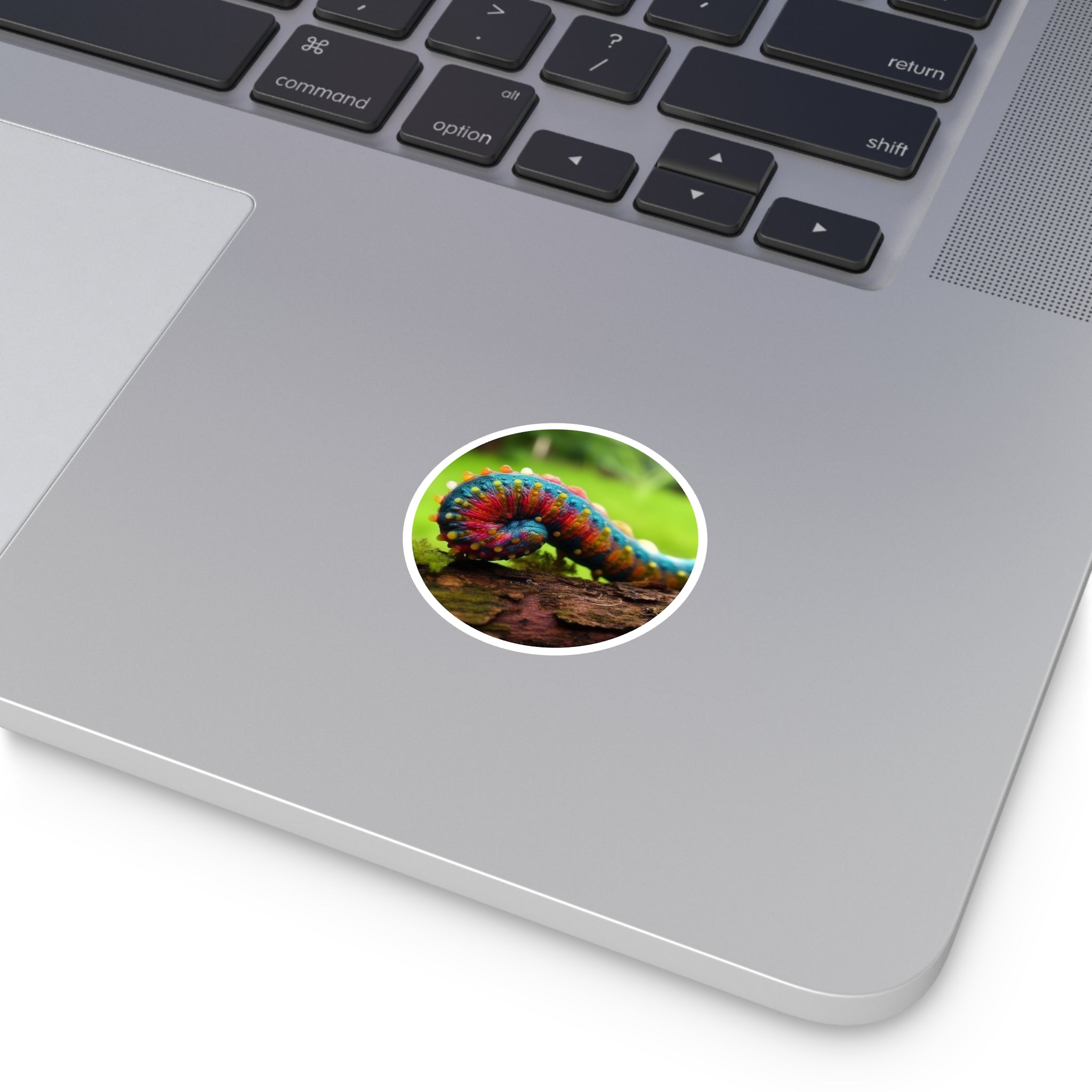 Multicolored Caterpillar, Vivid Macro Art Sticker, Nature Detail, Surreal Colors