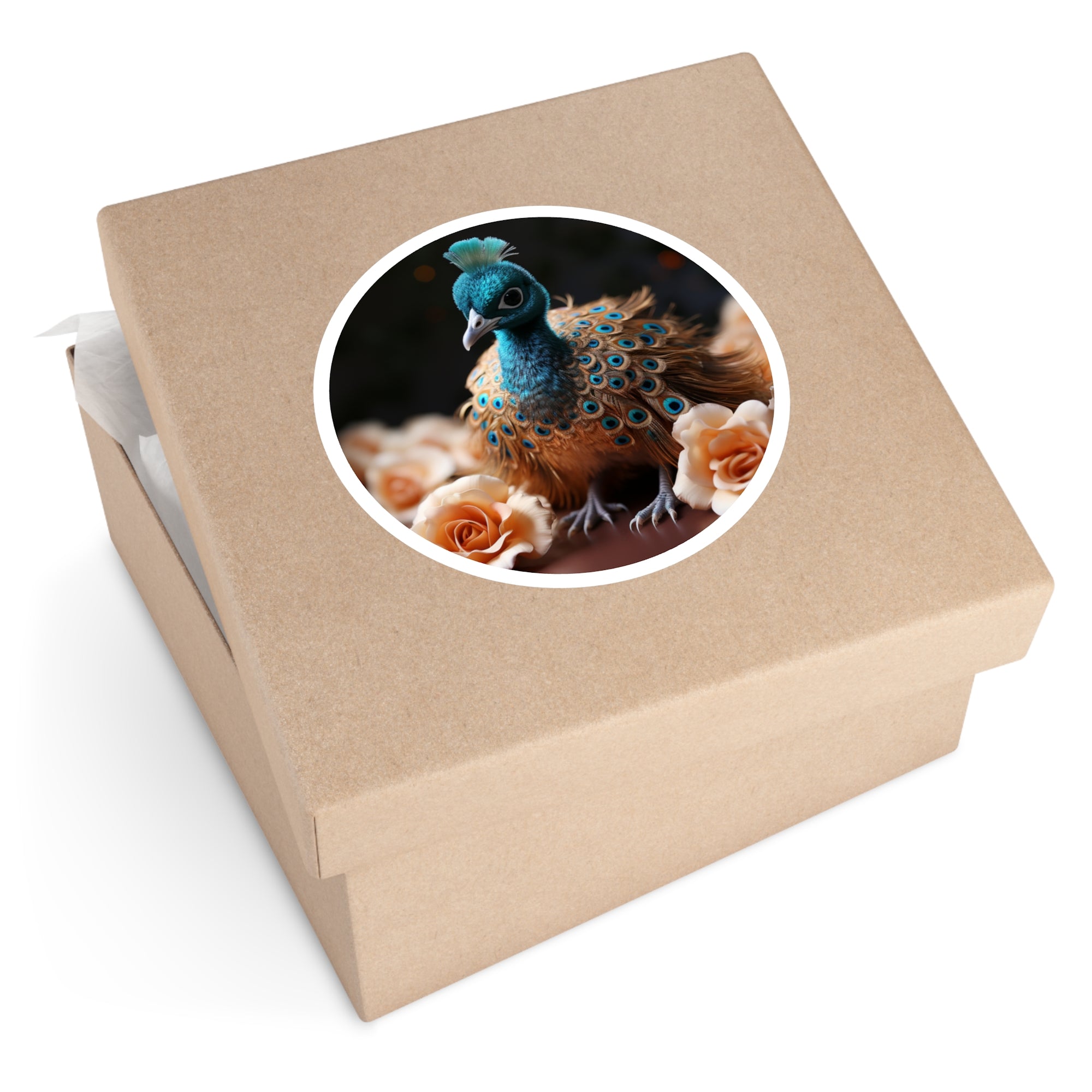 Baby Peacock with Peach Roses Sticker, Elegant Realism, Home Décor Accent, Artistic Gift