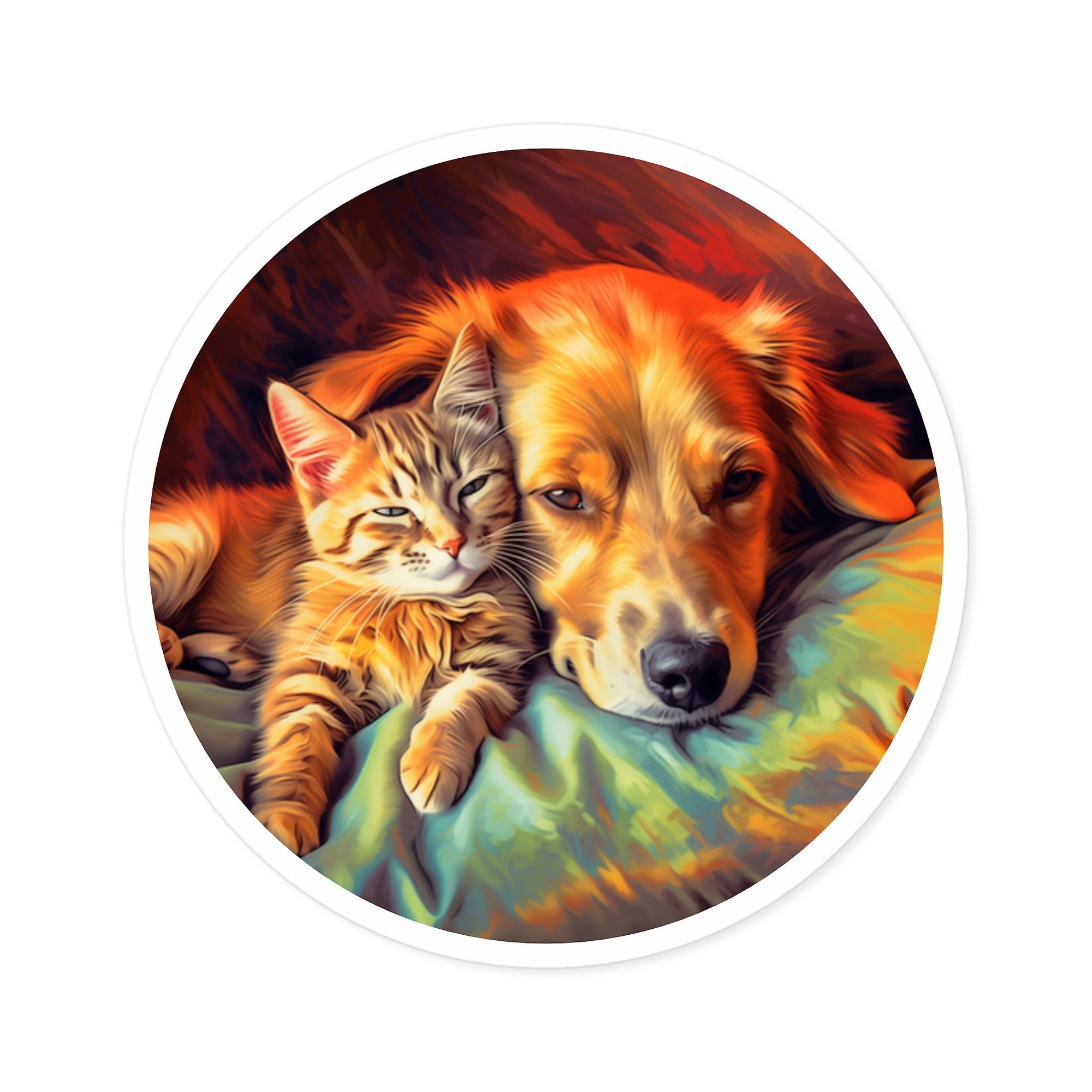 Cat and Dog Cuddle Sticker, Friendship Pet Art, Cozy Animal Design