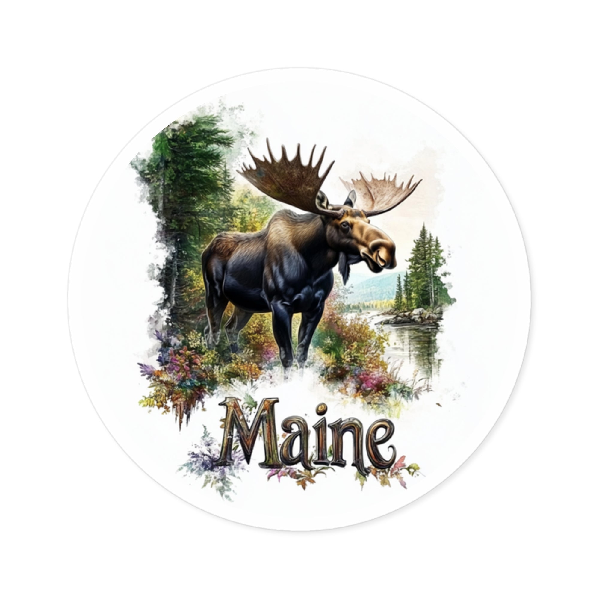 Maine Moose Sticker, State Animal Art, Forest Scene, Outdoor Design