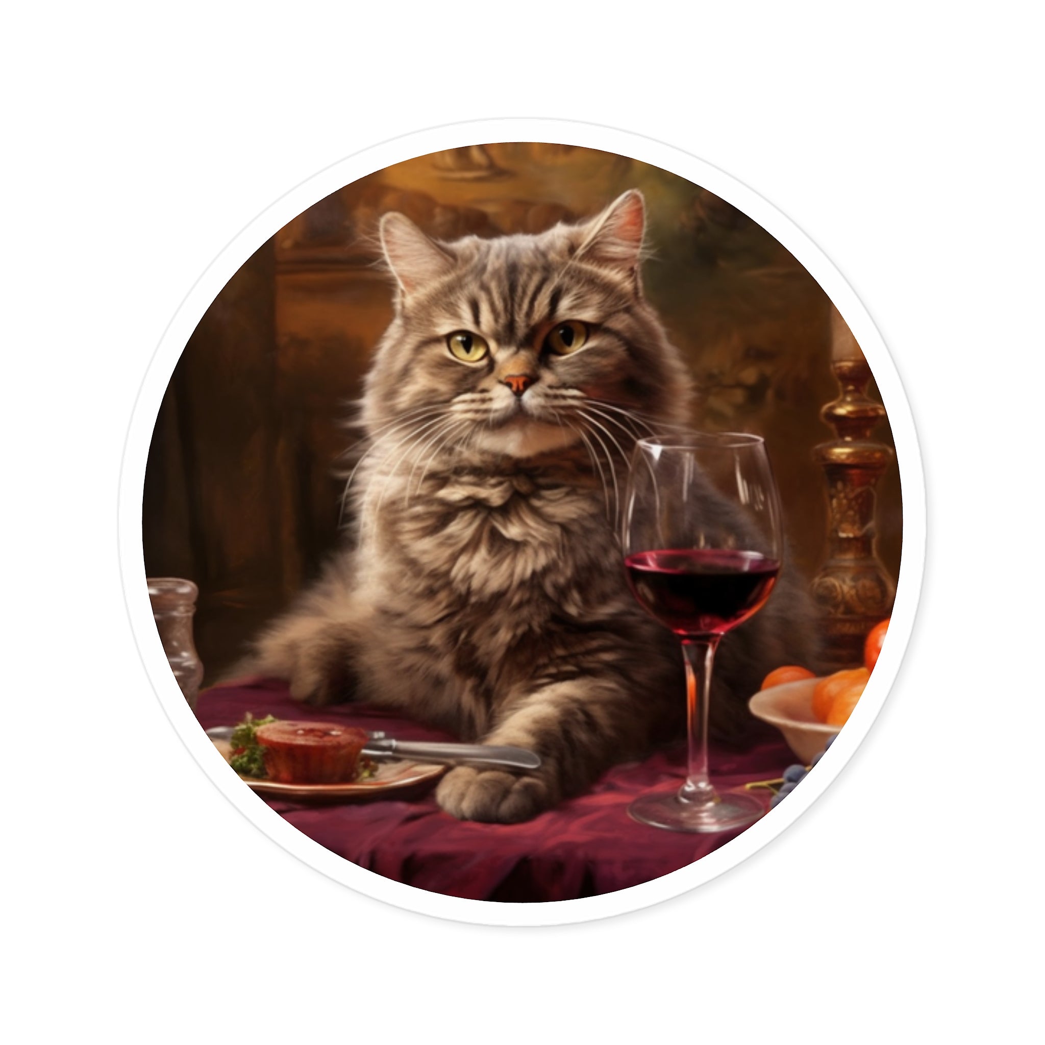 Cat with Wine Sticker, Fancy Dinner Art, Whimsical Design, Elegant Humor