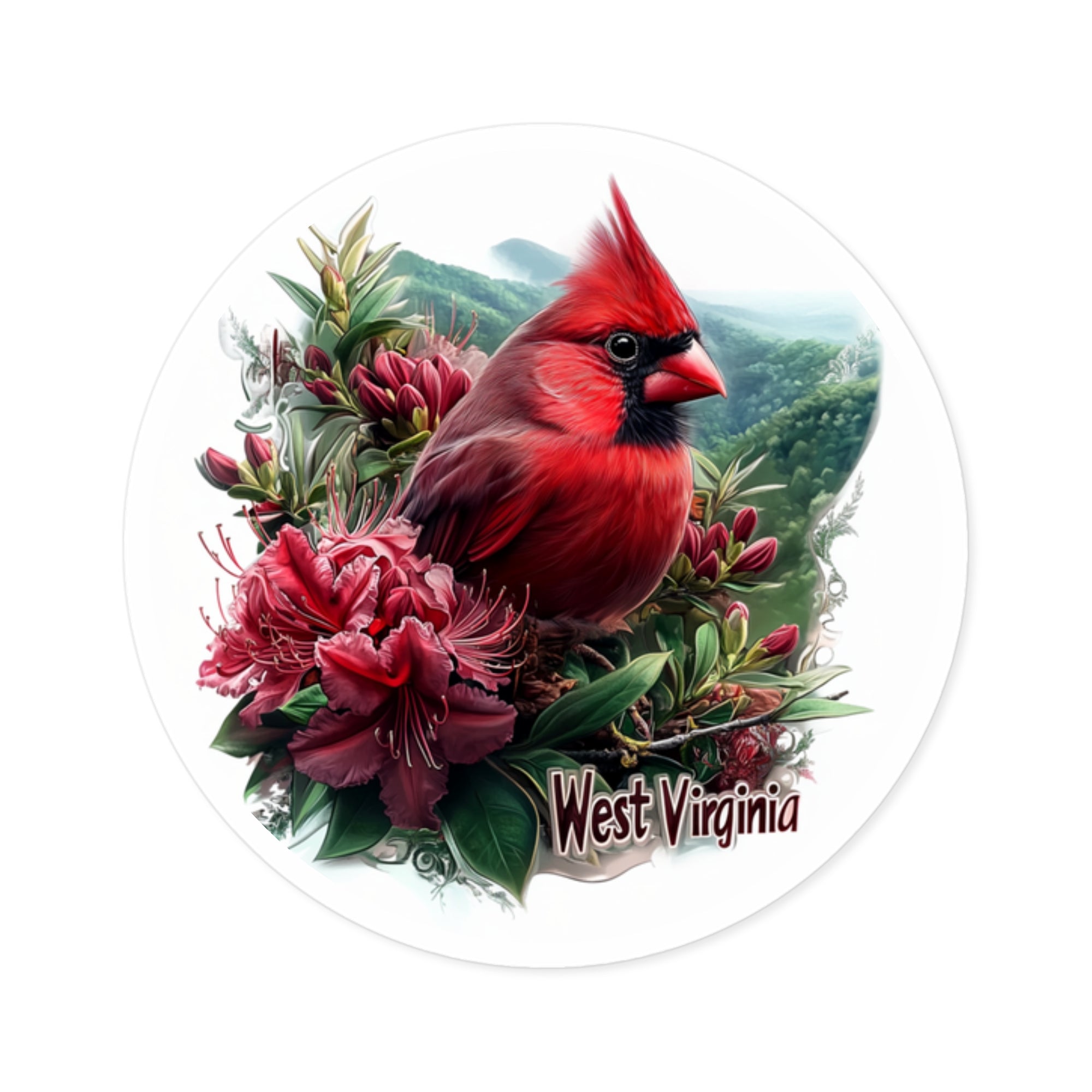 West Virginia Cardinal, Rhododendron Flower Sticker, State Nature Art, Mountain Design