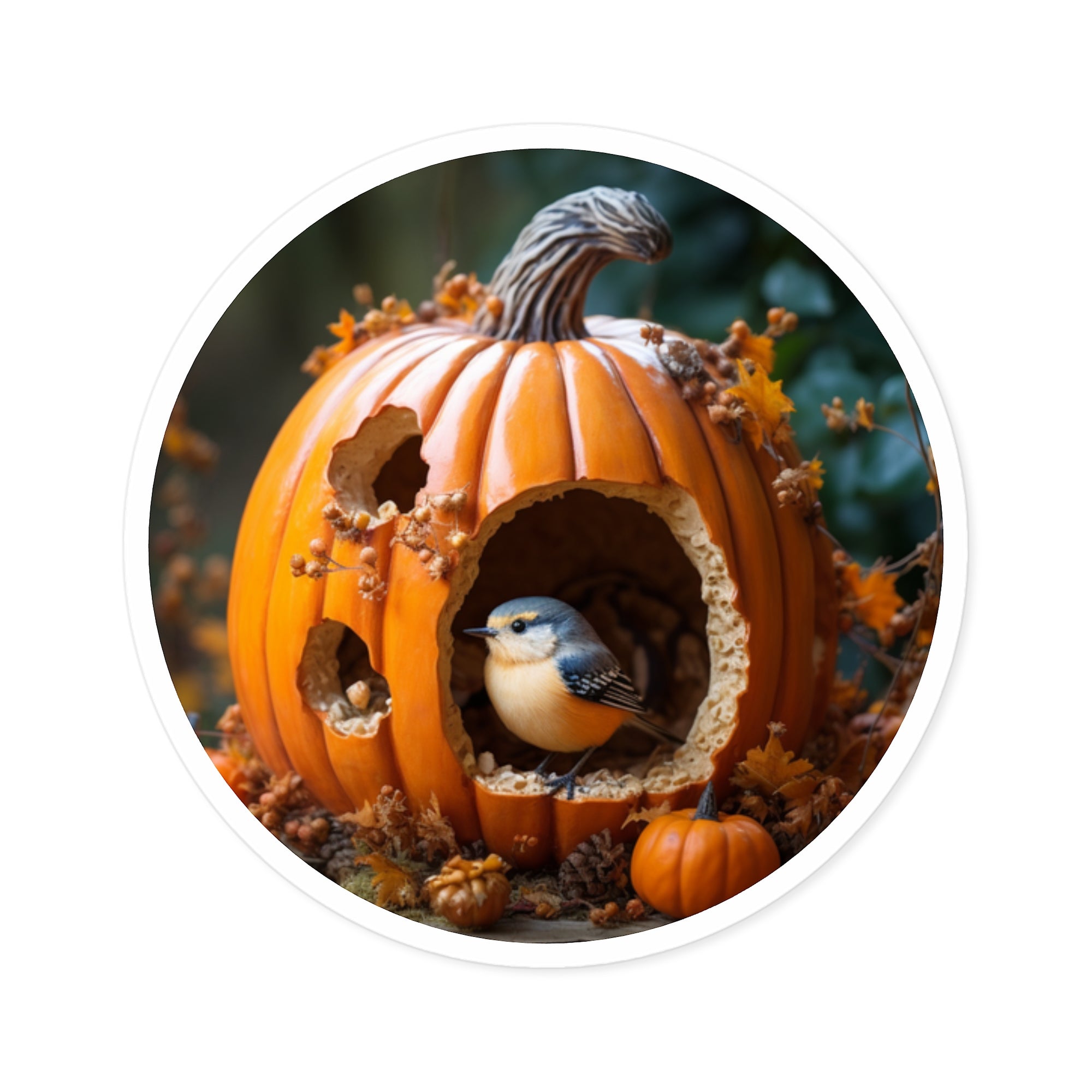 Bird in Pumpkin, Autumn Art Sticker, Laptop Decal, Fall Home Gift