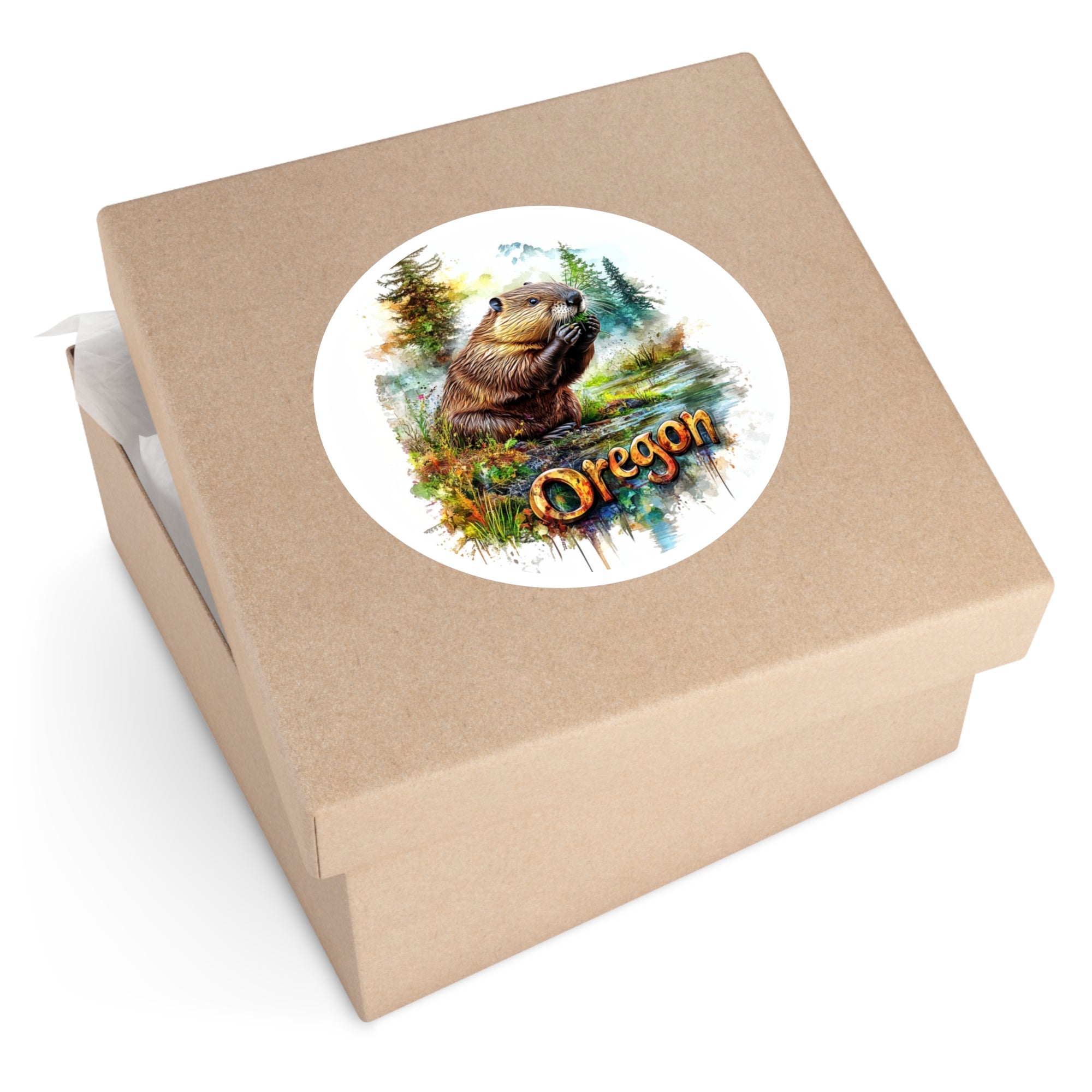 Oregon Beaver, Forest Landscape Sticker, Water Bottle or Laptop, State Pride