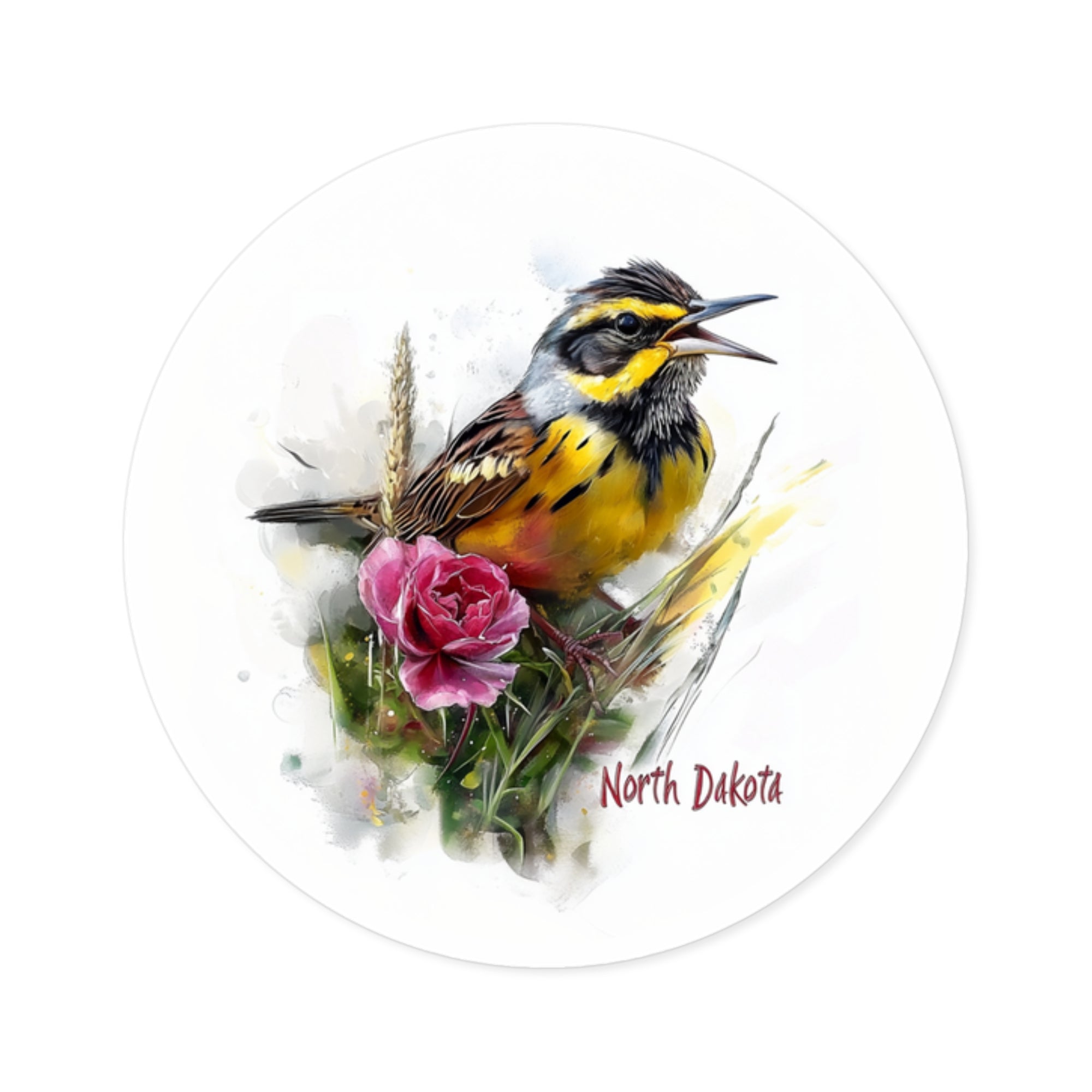 North Dakota Meadowlark Sticker, Prairie Rose Design, State Bird Art, Nature Scene
