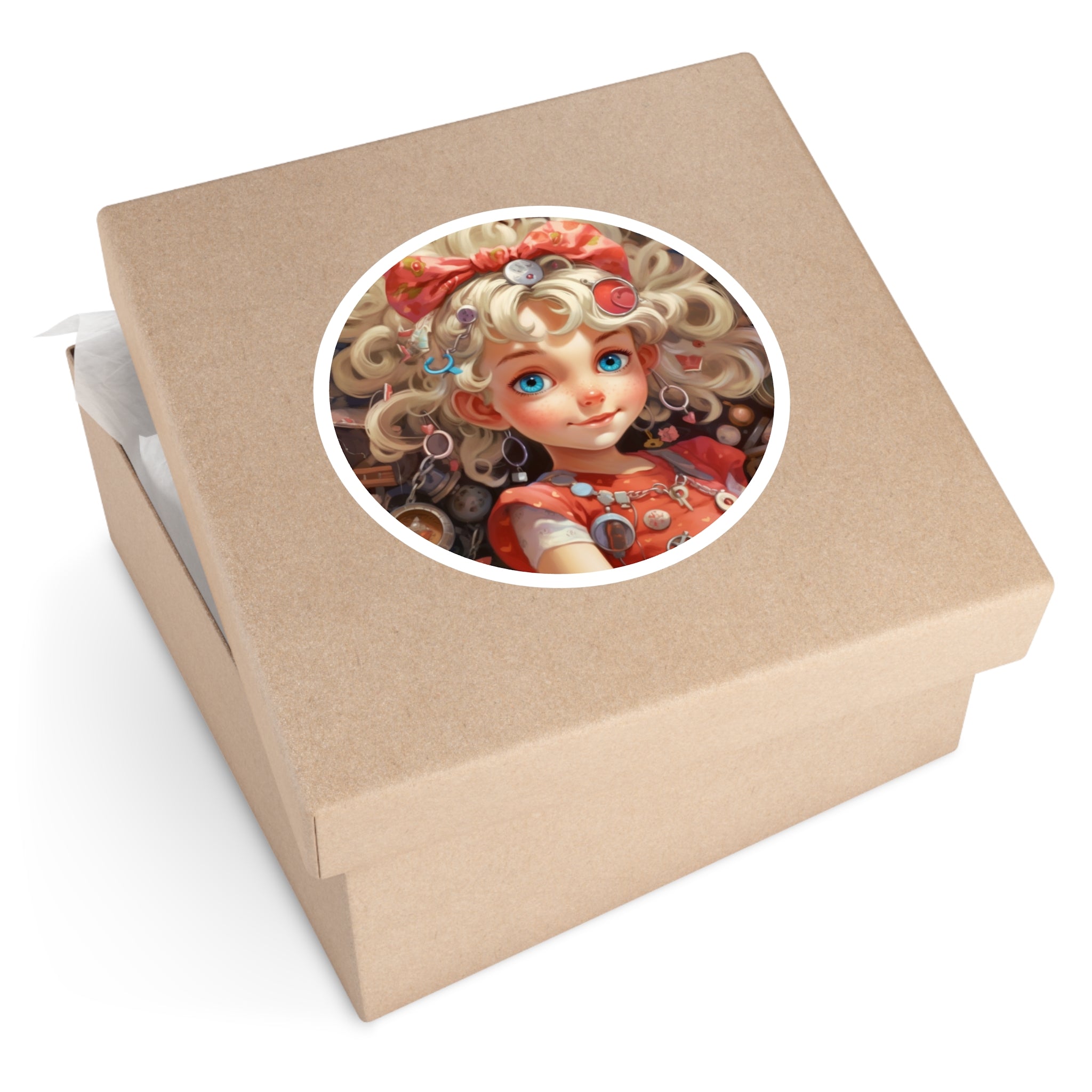 Golden Trinkets, Cute Kids Sticker, Whimsy Portrait, Sweet Style