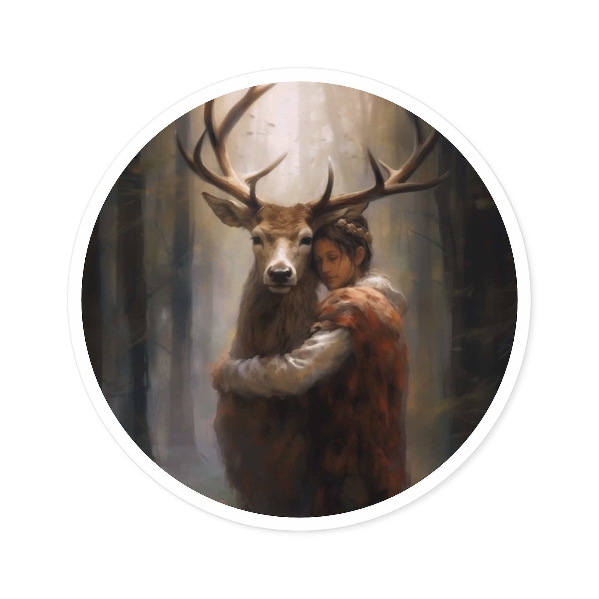 Deer and Woman Sticker, Fantasy Forest Art, Emotional Design, Whimsical Scene