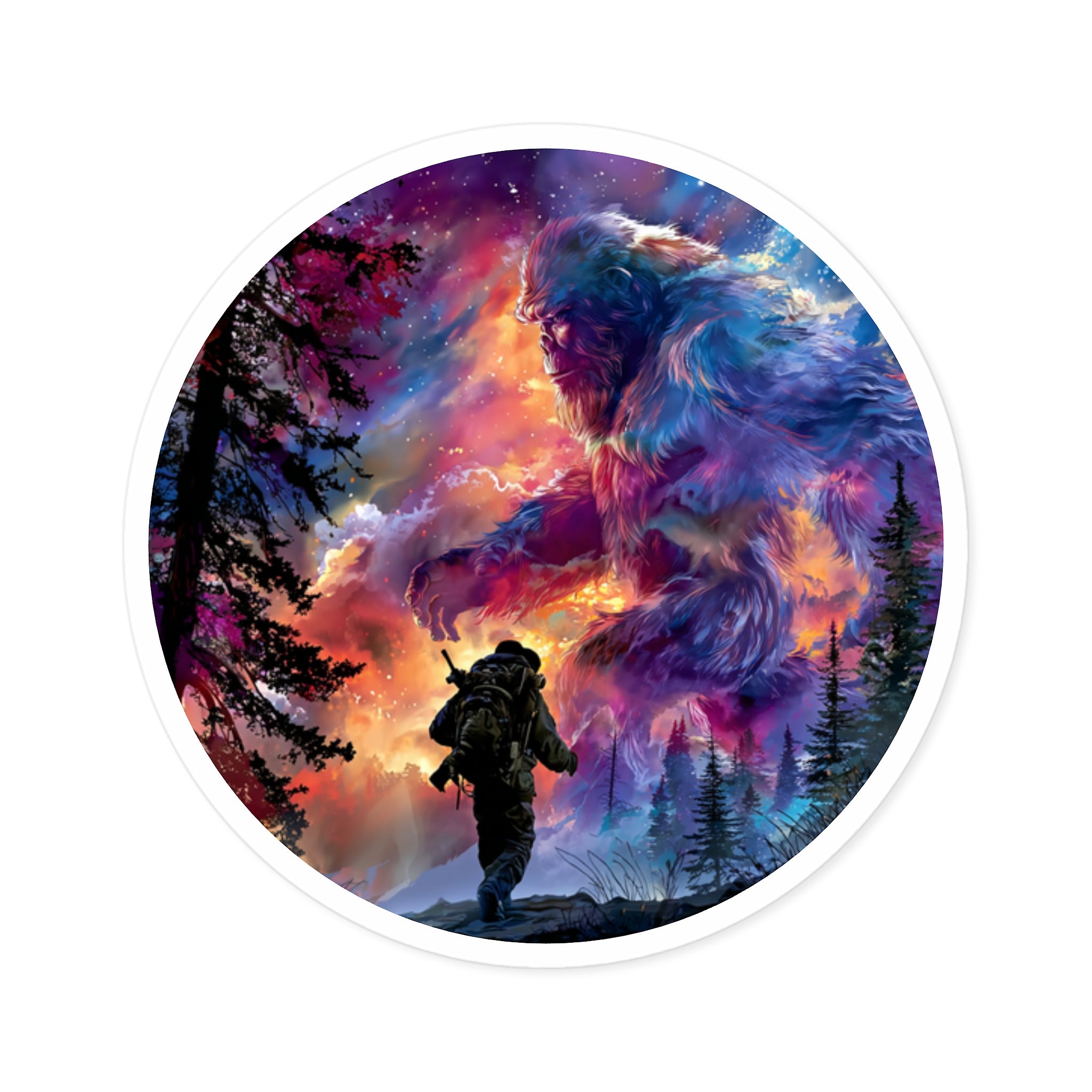Galactic Sasquatch Sticker, Cosmic Explorer Art, Fantasy Nature Design, Surreal Landscape