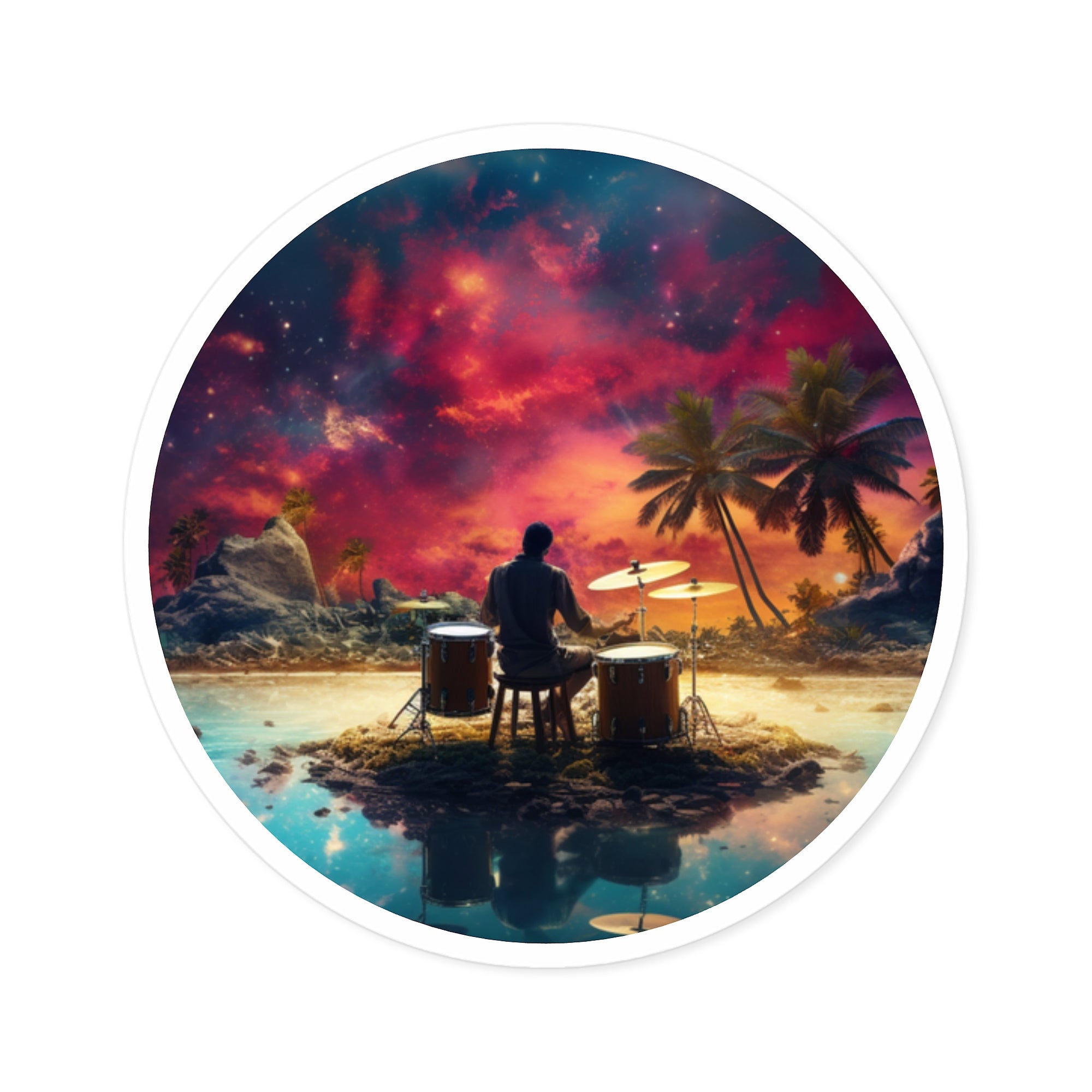 Island Drummer Nightscape, Cosmic Art Sticker, Music Decor, Dreamy Theme