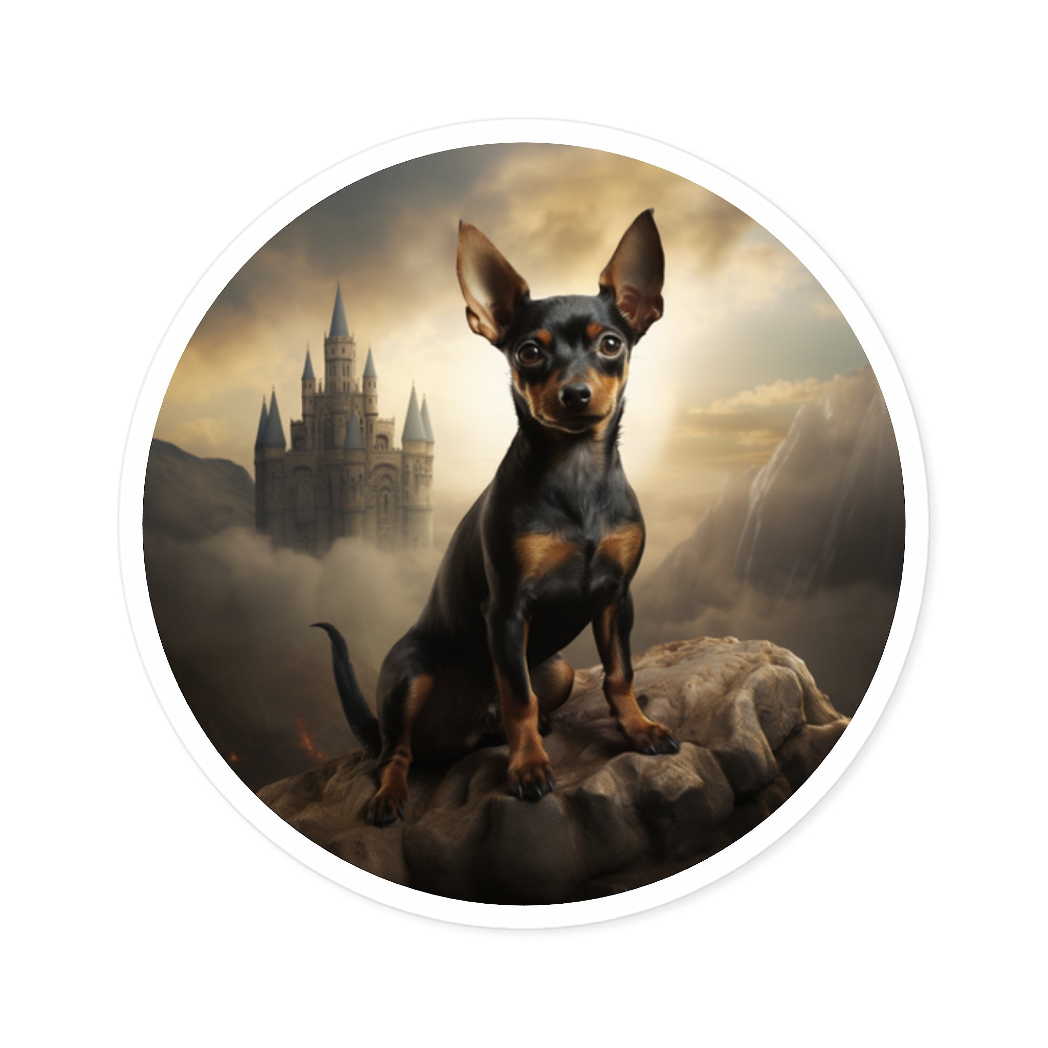 Fantasy Pinscher Sticker, Castle Scene Art, Majestic Dog Design, Epic Gift