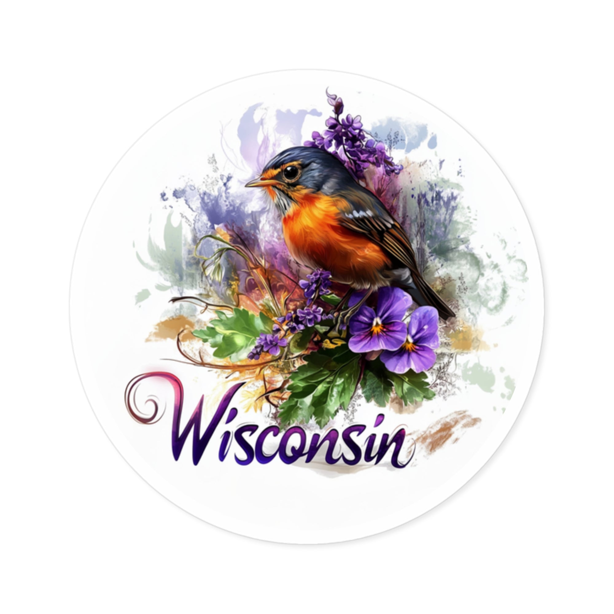 Wisconsin Robin, Wood Violet Sticker, Water Bottle or Journal, State Bird Art