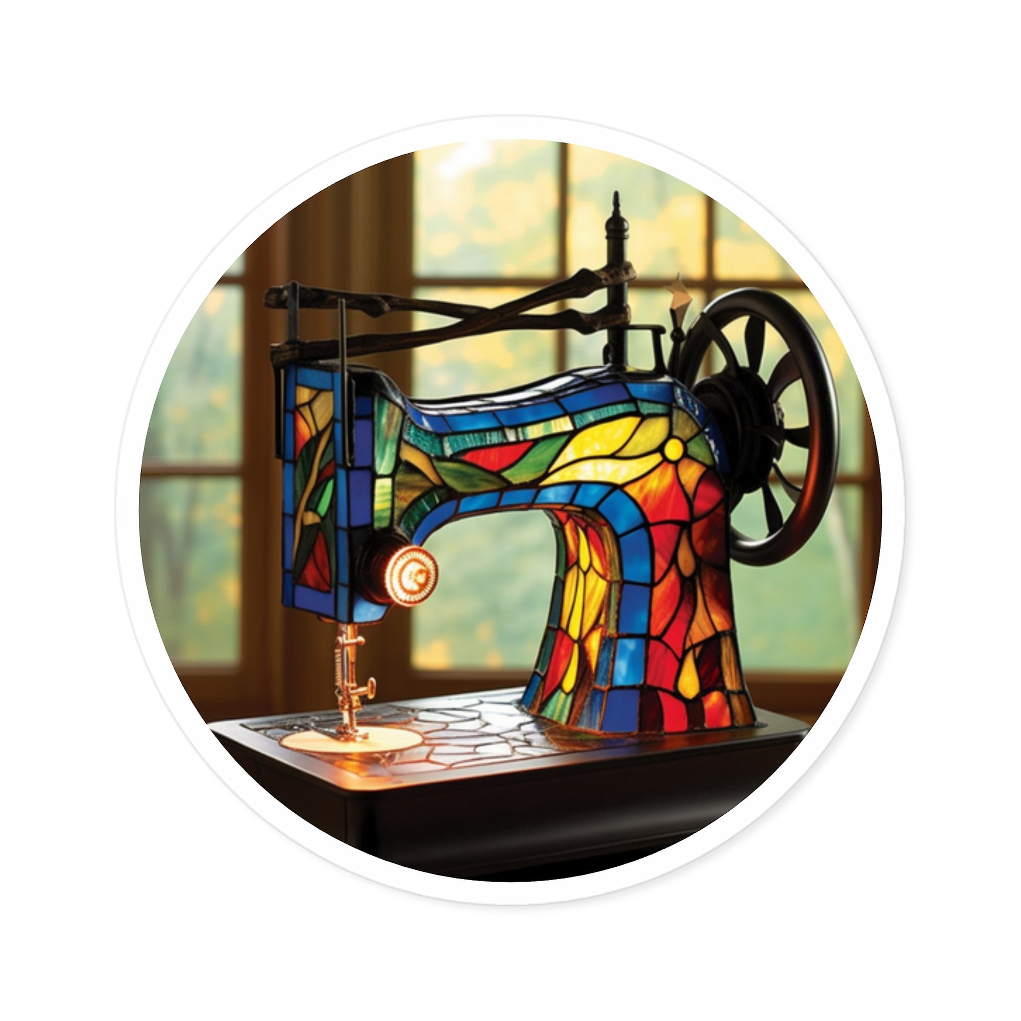 Stained Glass Sewing Machine Sticker, Crafting Design, Vintage Art, Colorful Details