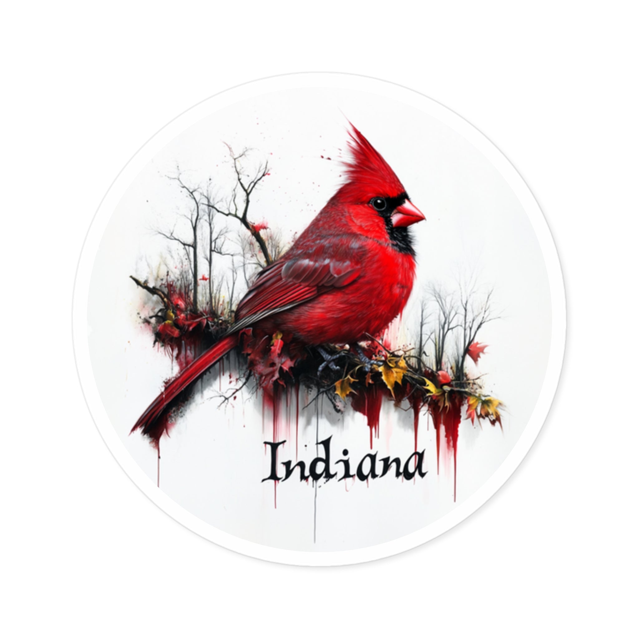 Indiana Cardinal Art Sticker, State Bird Design, Autumn Branch Theme, Realistic Style