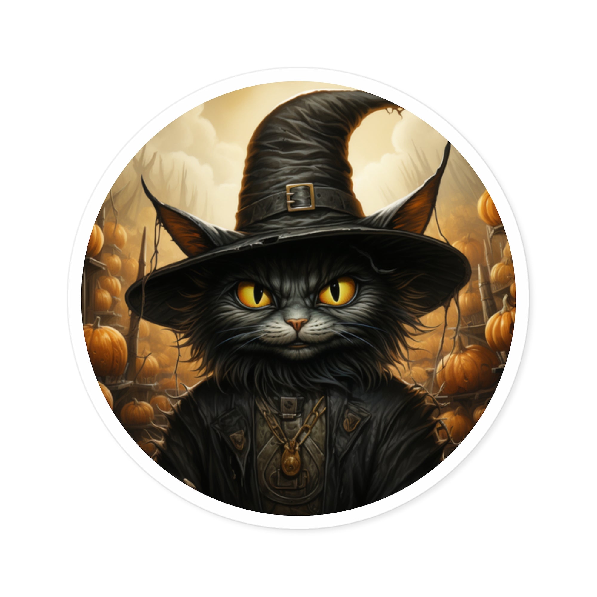 Grim Cat Sticker, Dark Halloween Art, Pumpkin Field Design, Witchy Vibe